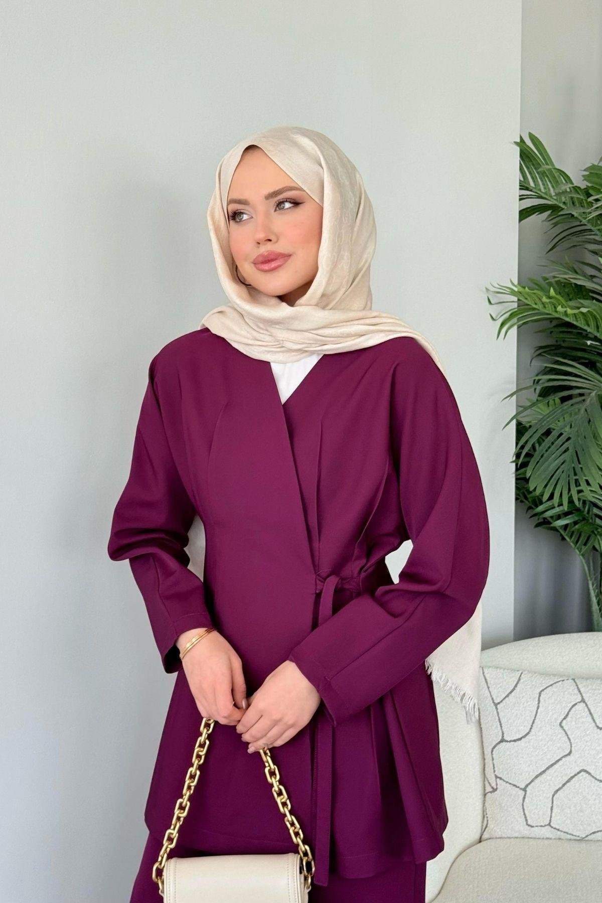 Esra Bağlamalı Takım Mürdüm, Fiyatları Esra Bağlamalı Takım Mürdüm - Haza Moda 