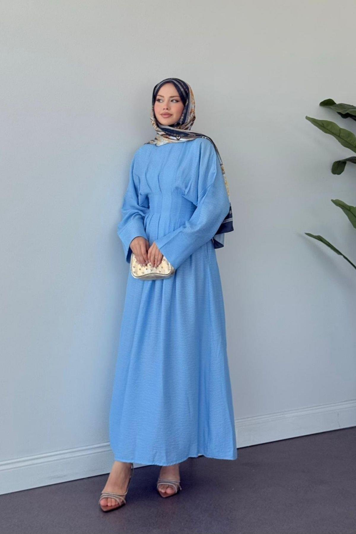 Eyfel Kuşaklı Elbise Mavi, Fiyatları Eyfel Kuşaklı Elbise Mavi- Haza Moda