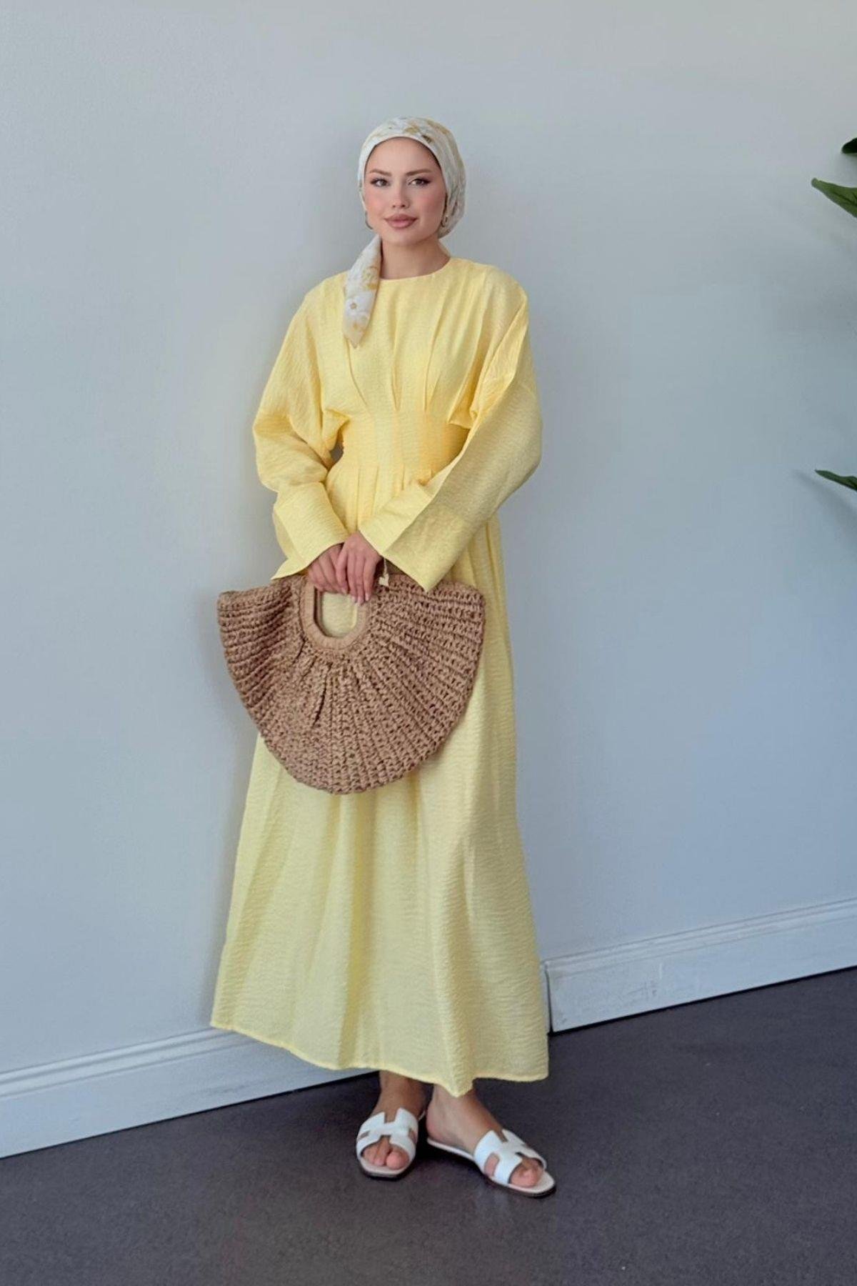 Eyfel Kuşaklı Elbise Sarı, Fiyatları Eyfel Kuşaklı Elbise Sarı- Haza Moda