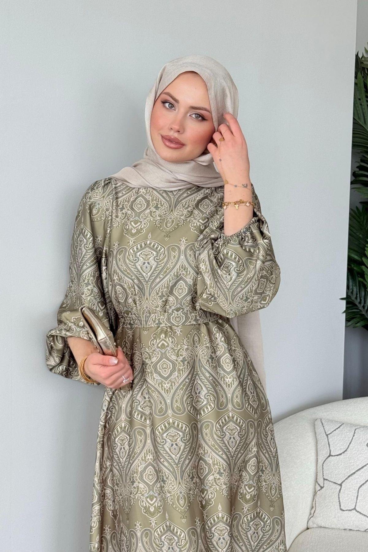 Fas Saten Elbise Yeşil, Fiyatları Fas Saten Elbise Yeşil - Haza Moda