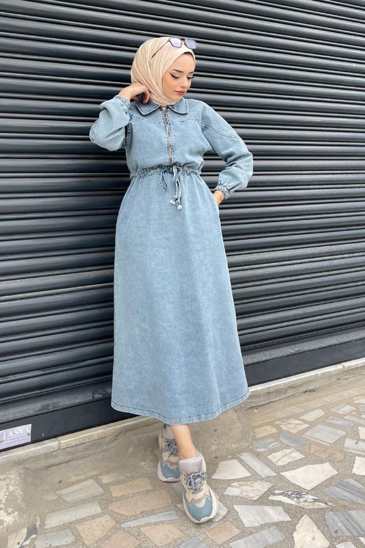 Fermuarlı Kot Elbise BUZ MAVİ, Fiyatları Fermuarlı Kot Elbise BUZ MAVİ – Haza Moda | Tesettür Giyim