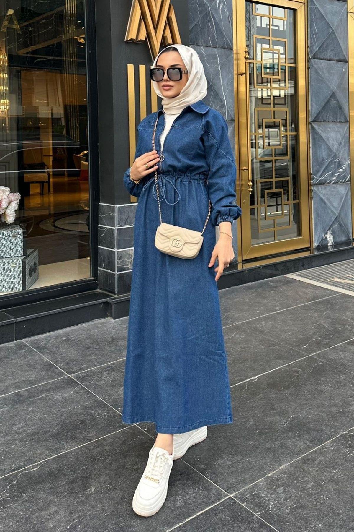 Fermuarlı Kot Elbise MAVİ, Fiyatları Fermuarlı Kot Elbise MAVİ – Haza Moda | Tesettür Giyim