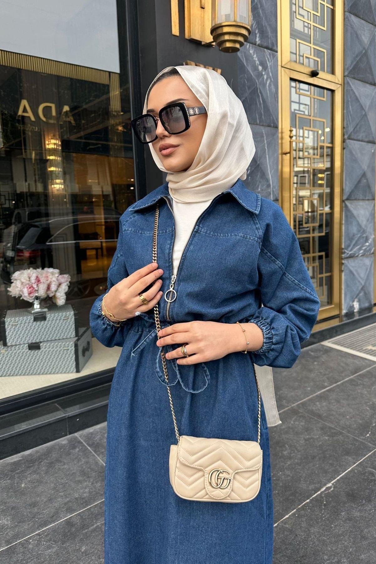 Fermuarlı Kot Elbise MAVİ, Fiyatları Fermuarlı Kot Elbise MAVİ – Haza Moda | Tesettür Giyim