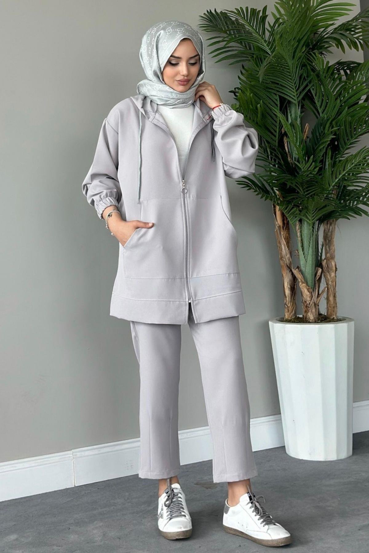 Fermuarlı Spor Takım Gri, Fiyatları Haza Moda | Tesettür Giyim | Fermuarlı Spor Takım Gri