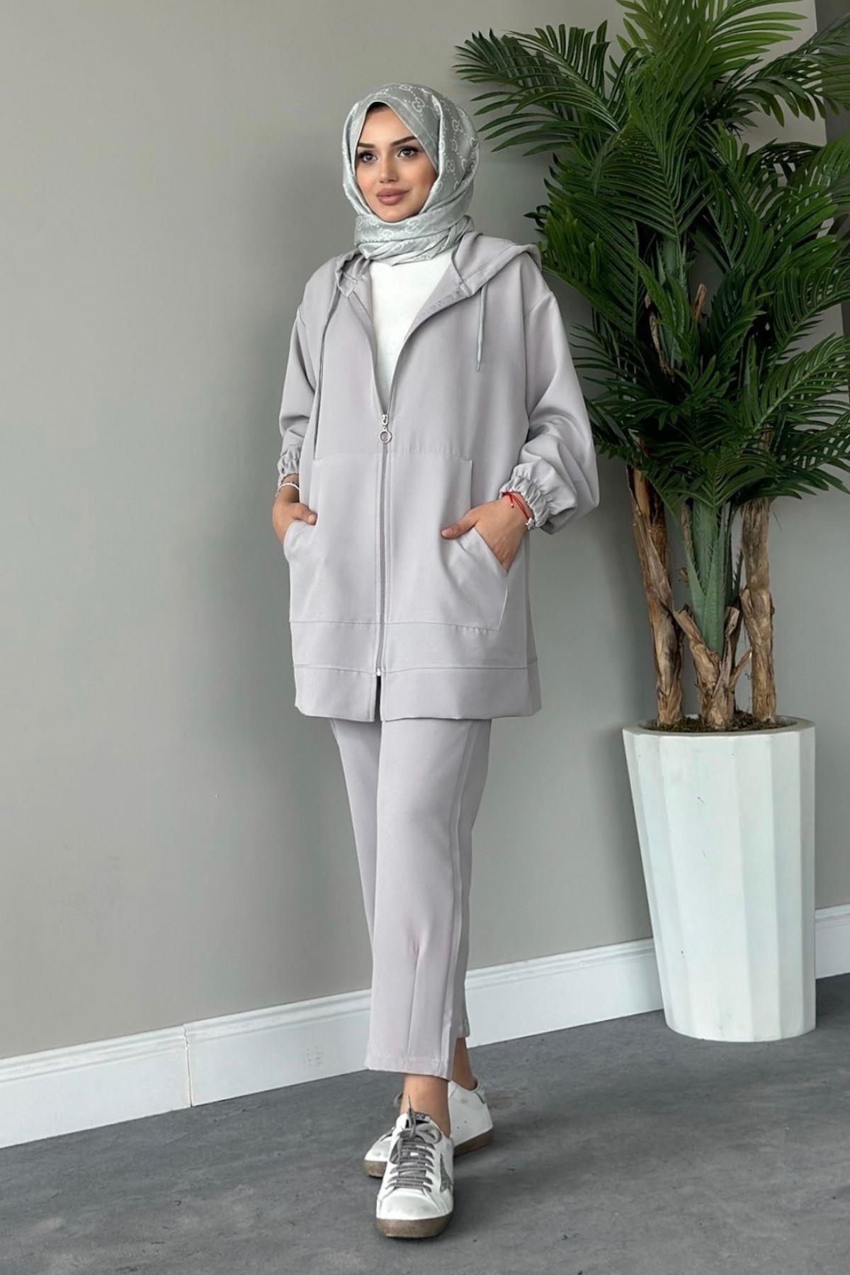 Fermuarlı Spor Takım Gri, Fiyatları Haza Moda | Tesettür Giyim | Fermuarlı Spor Takım Gri