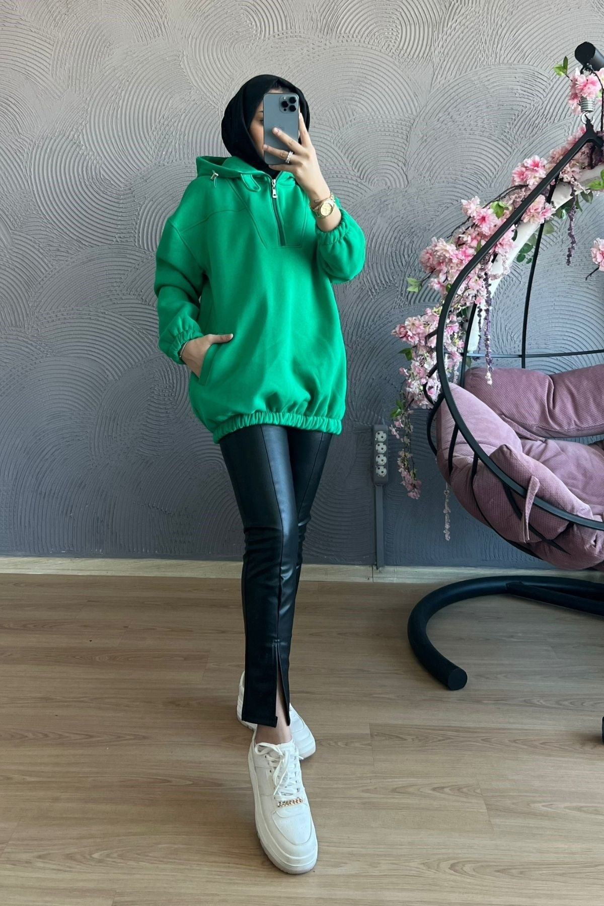 Fermuarlı Sweat-YEŞİL, Fiyatları Yırtmaçlı Kapişonlu Sweat-AÇIK YEŞİL – Haza Moda | Tesettür Giyim