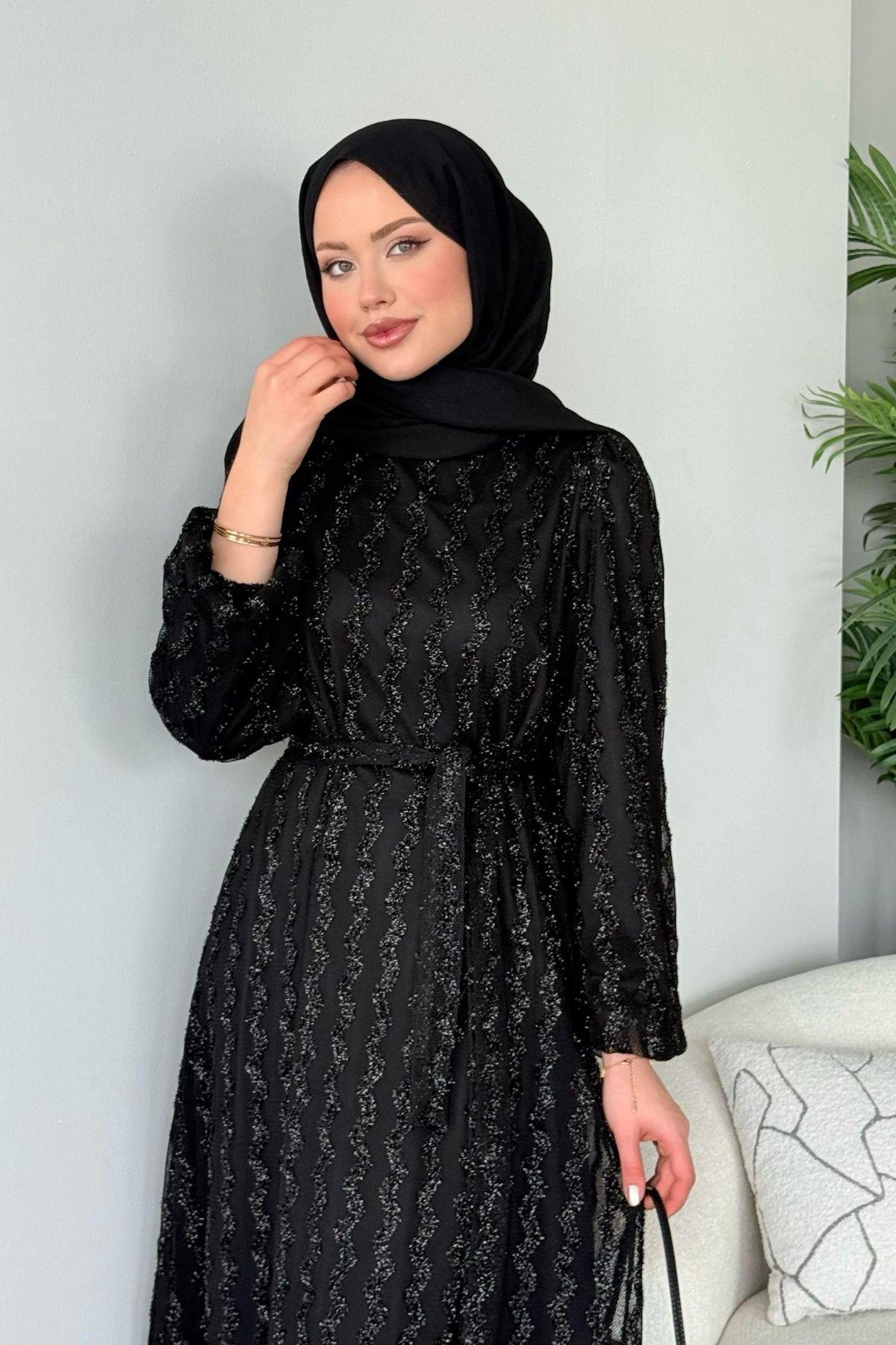 Fileli Simli Abiye Siyah, Fiyatları Fileli Simli Abiye Siyah - Haza Moda 