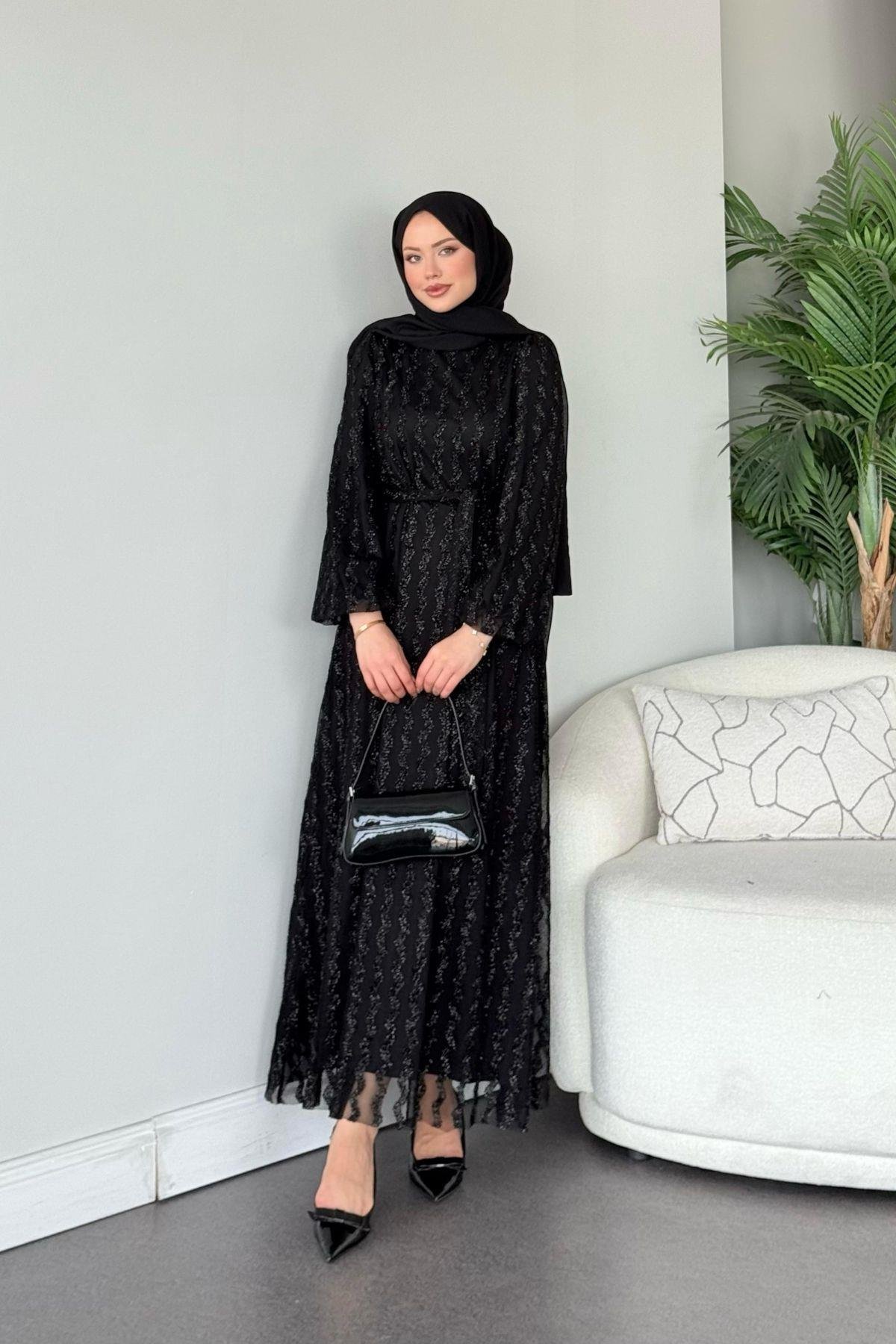 Fileli Simli Abiye Siyah, Fiyatları Fileli Simli Abiye Siyah - Haza Moda 