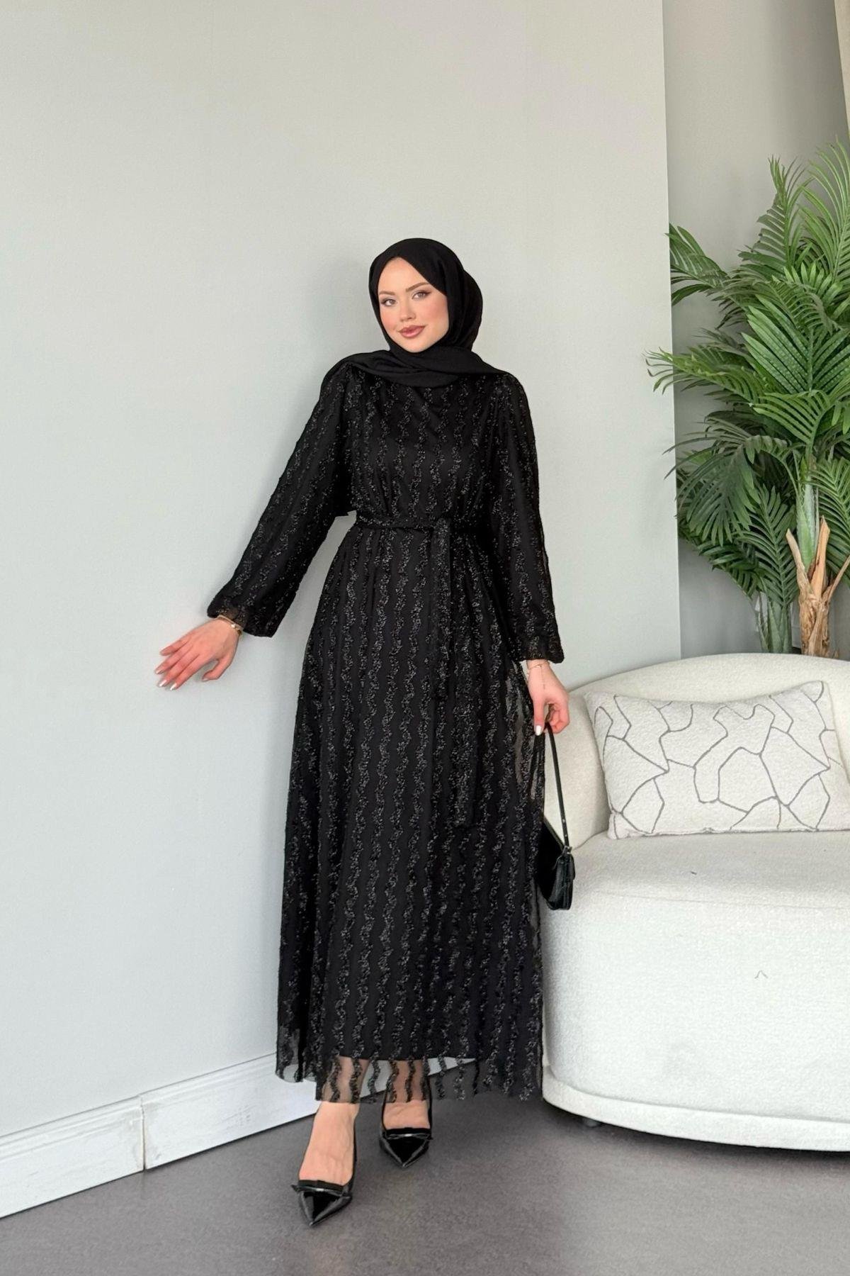 Fileli Simli Abiye Siyah, Fiyatları Fileli Simli Abiye Siyah - Haza Moda 