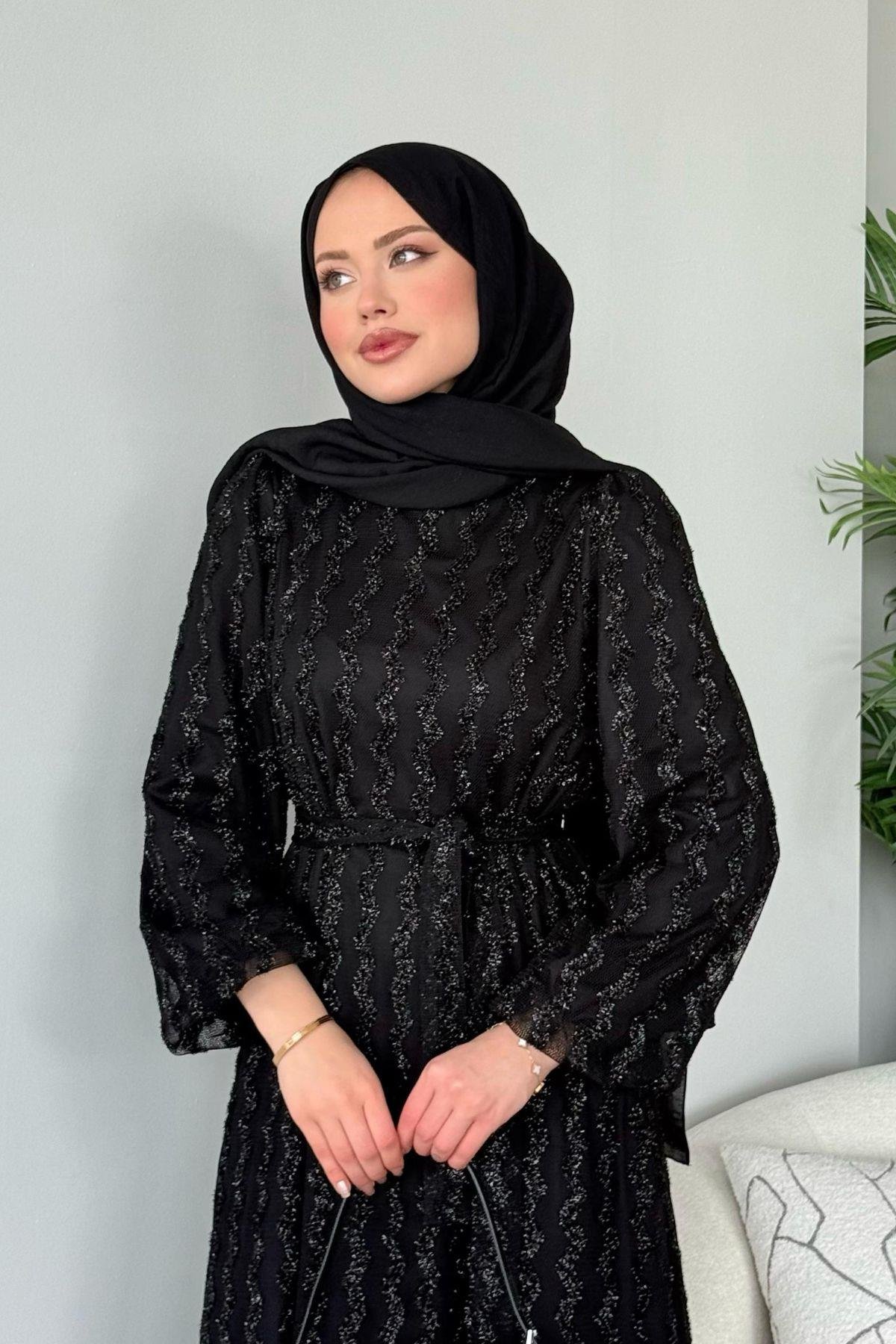 Fileli Simli Abiye Siyah, Fiyatları Fileli Simli Abiye Siyah - Haza Moda 