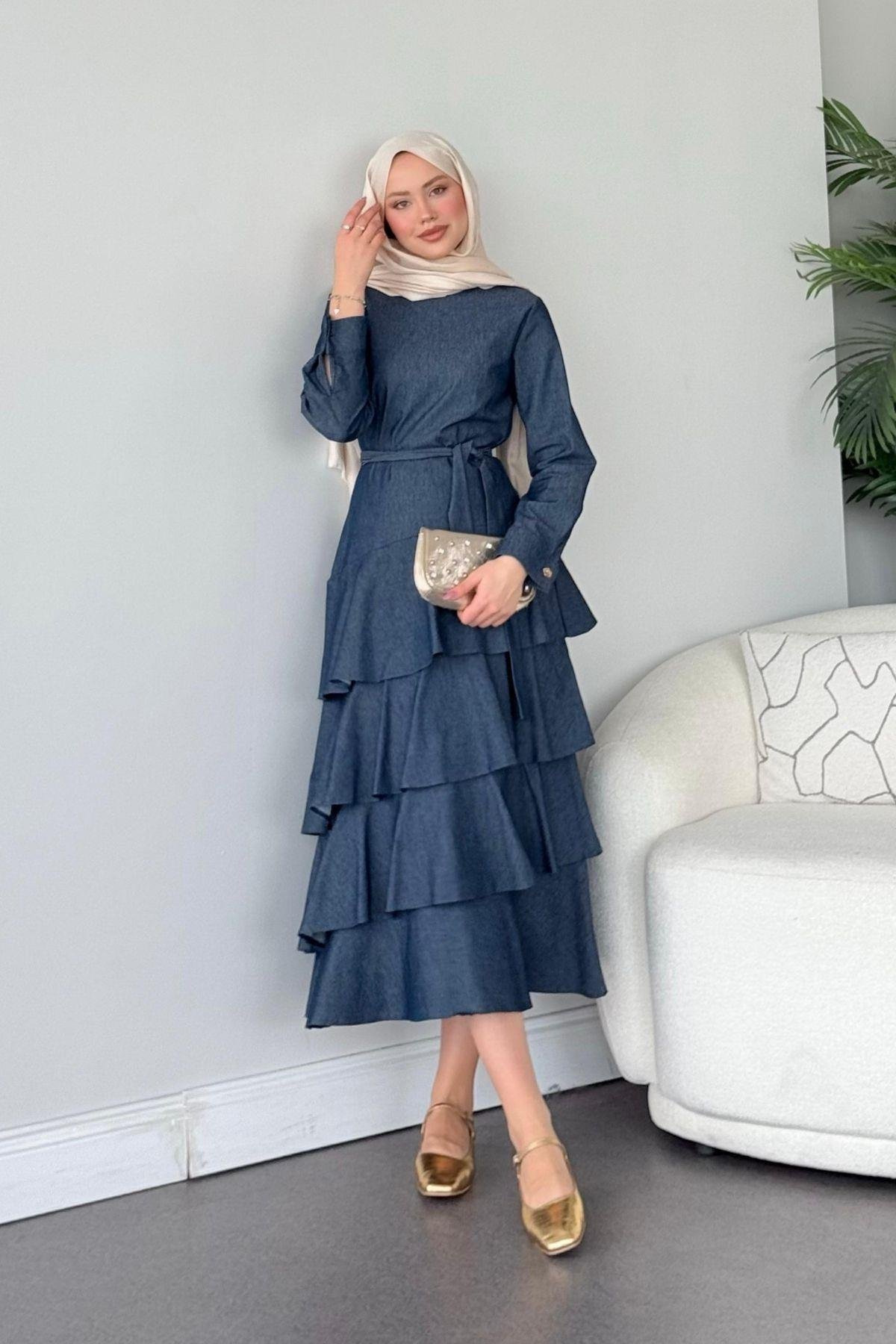 Fırfır Detaylı Tensel Kot Elbise Mavi, Fiyatları 