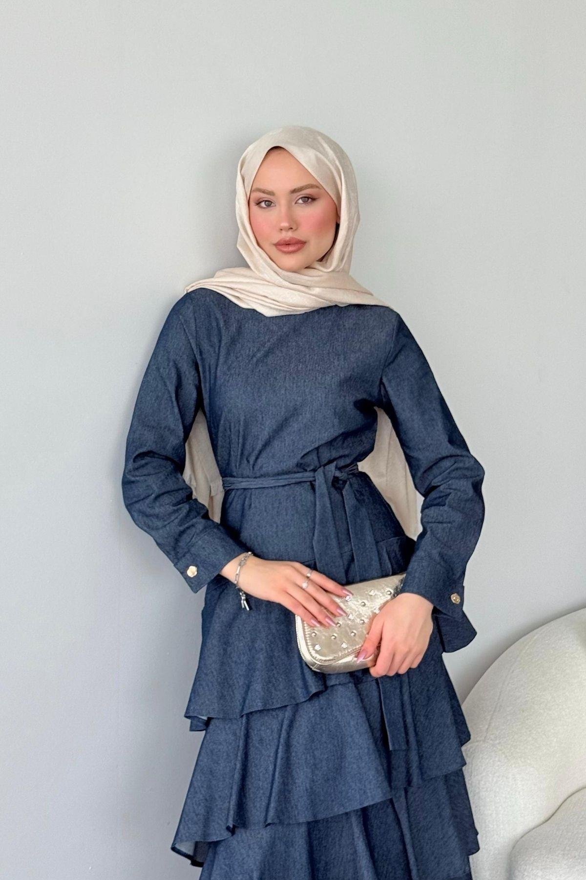 Fırfır Detaylı Tensel Kot Elbise Mavi, Fiyatları 