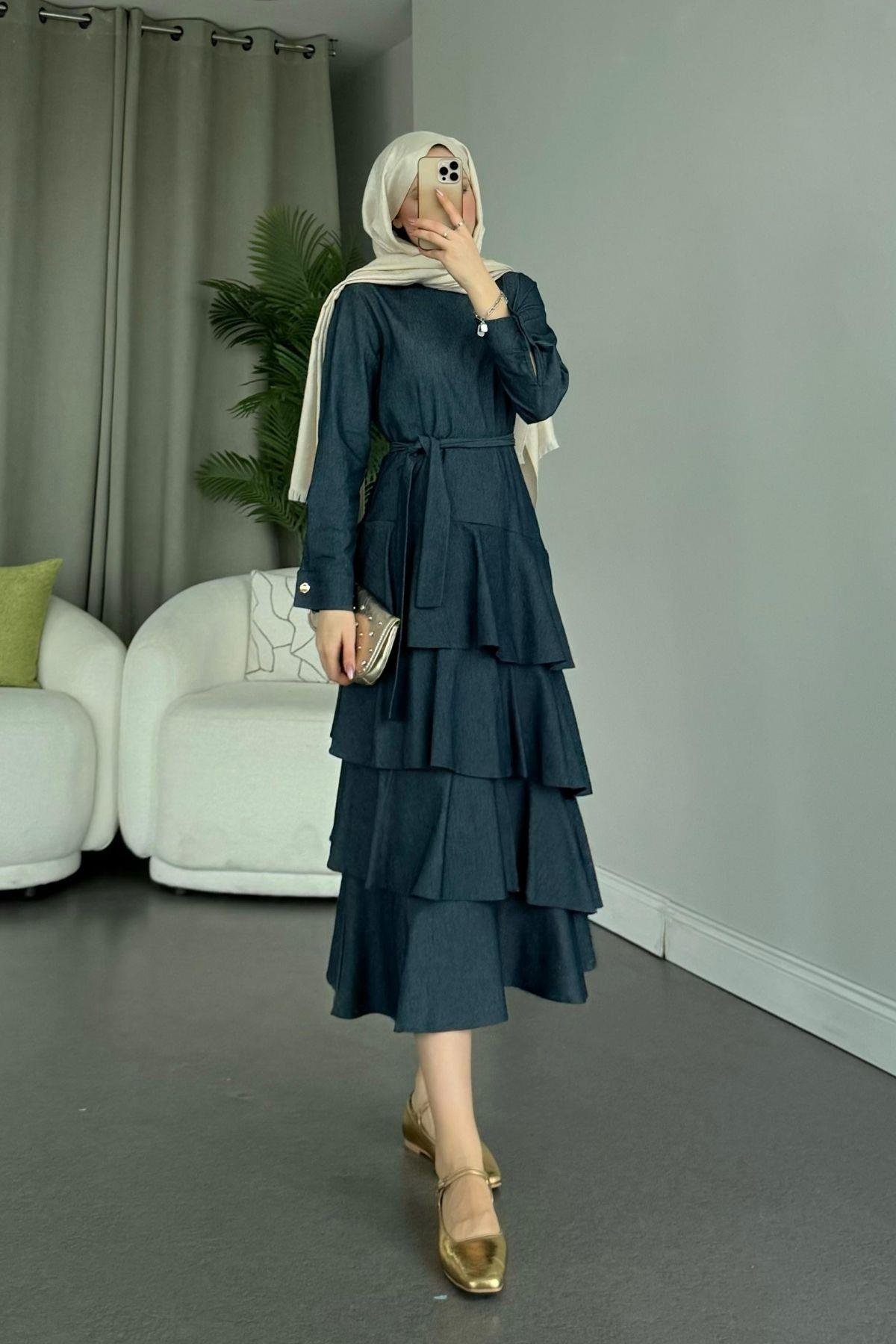 Fırfır Detaylı Tensel Kot Elbise Mavi, Fiyatları 