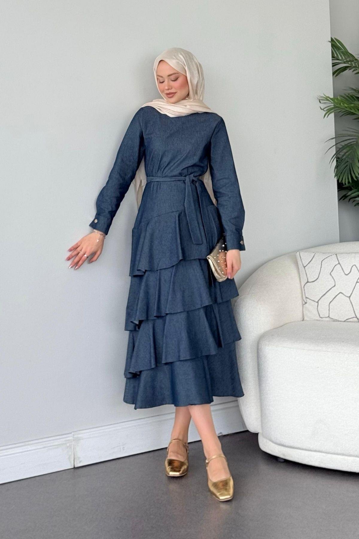 Fırfır Detaylı Tensel Kot Elbise Mavi, Fiyatları 