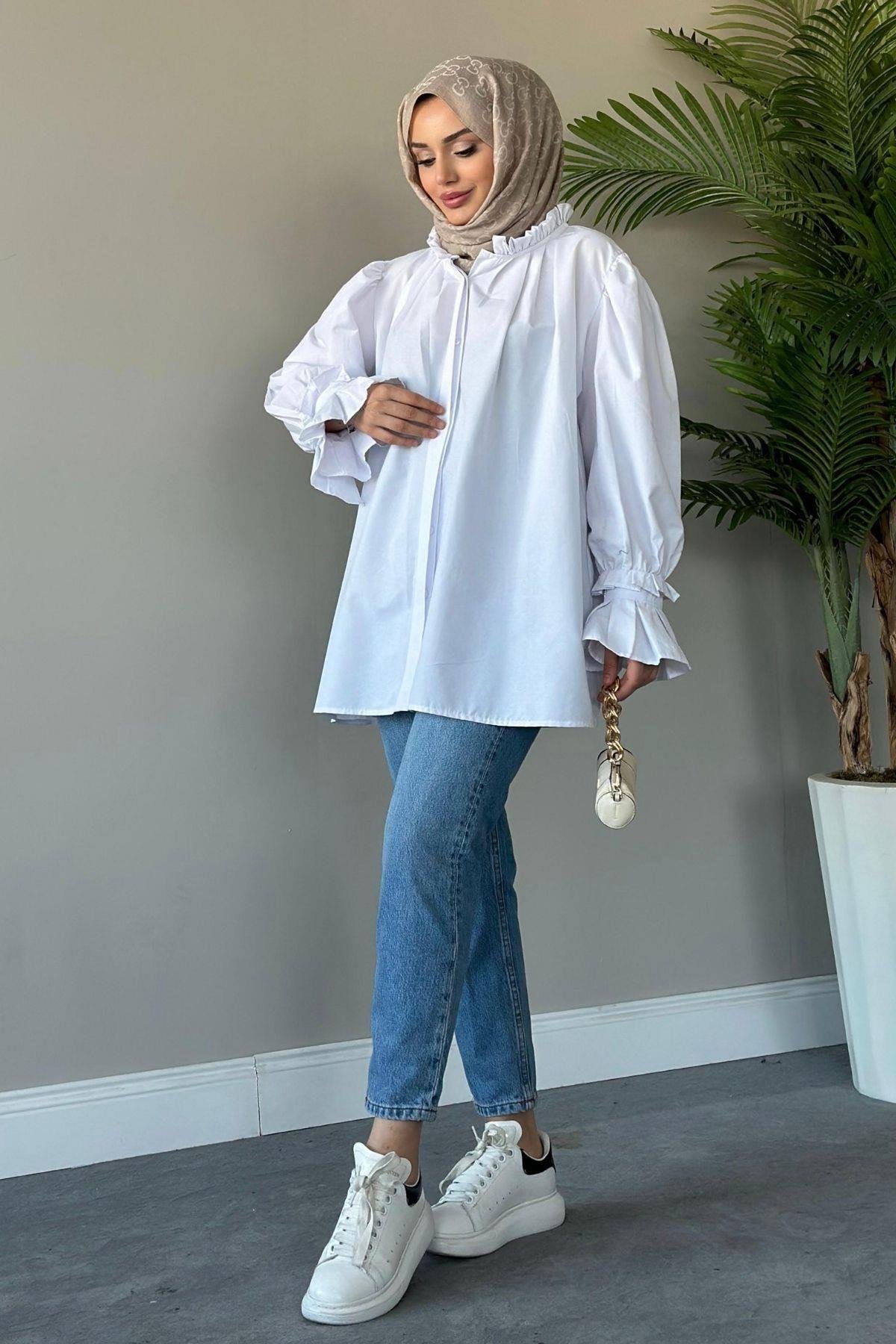 Fırfırlı Poplin Gömlek Beyaz, Fiyatları 