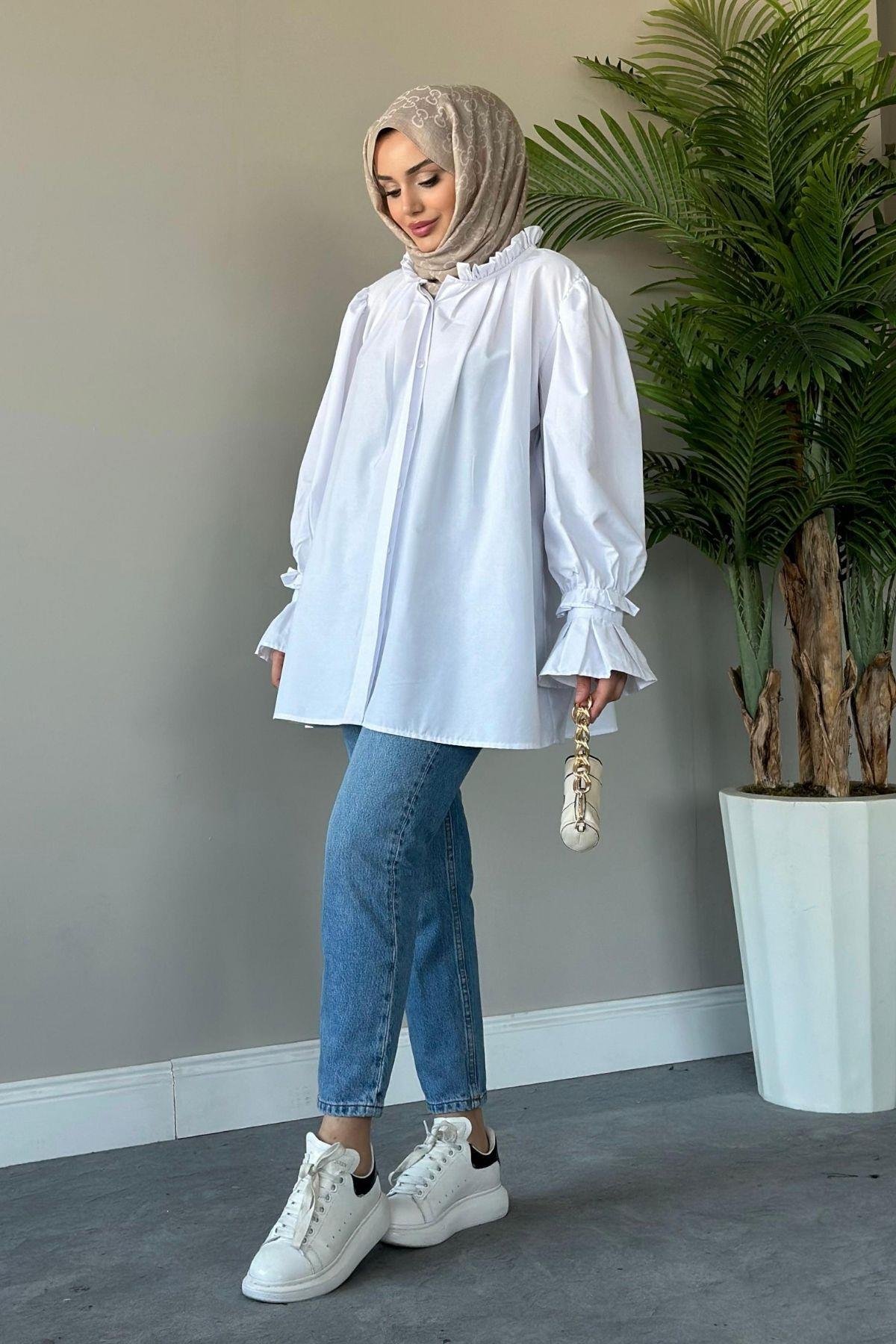 Fırfırlı Poplin Gömlek Beyaz, Fiyatları 