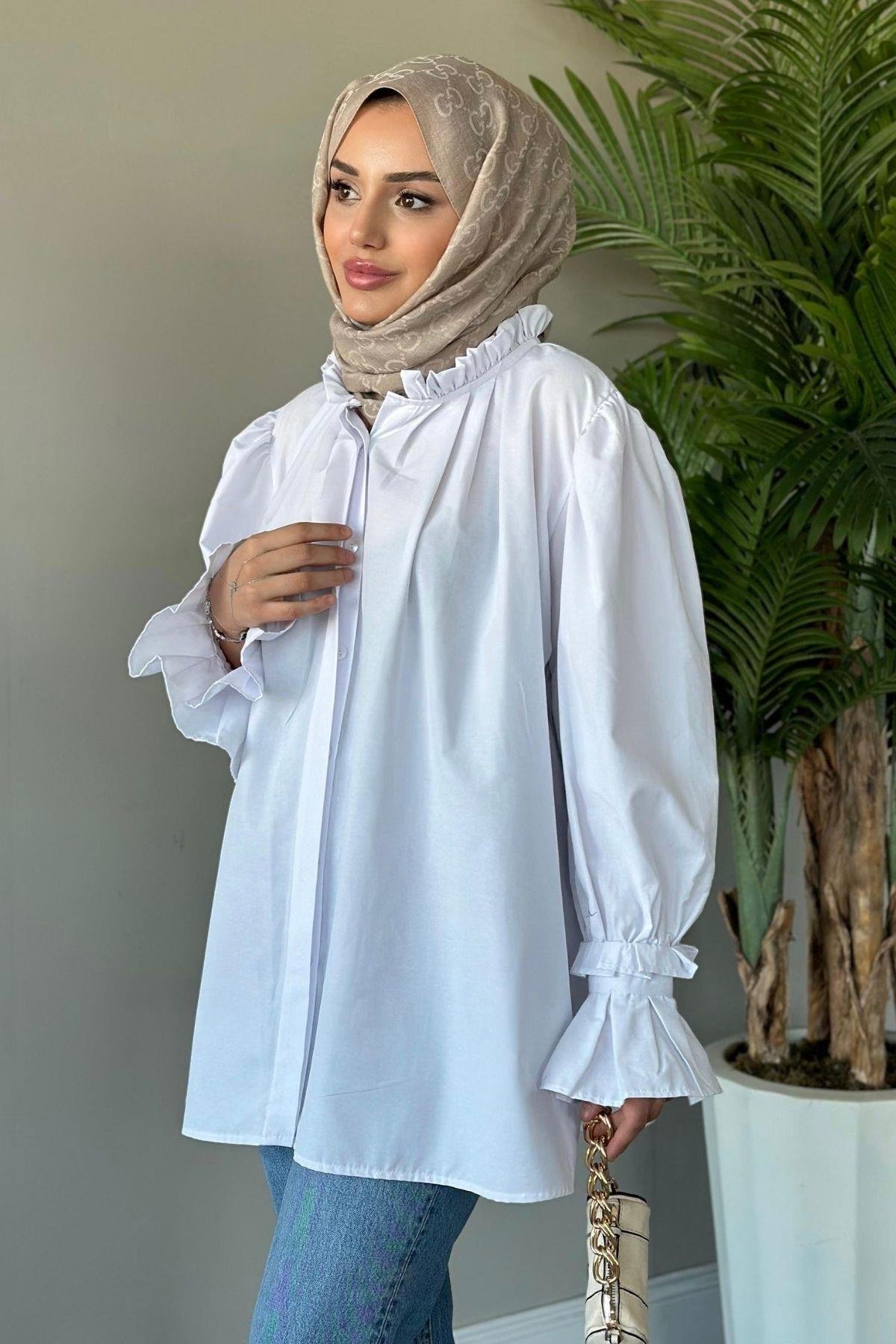 Fırfırlı Poplin Gömlek Beyaz, Fiyatları 