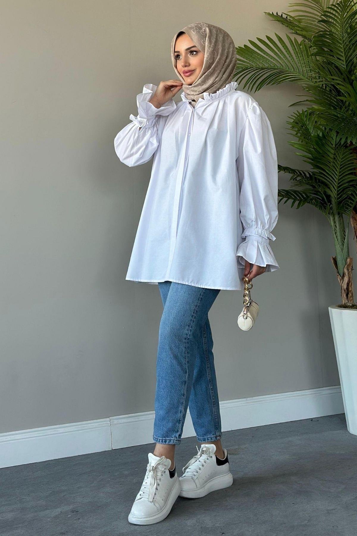 Fırfırlı Poplin Gömlek Beyaz, Fiyatları 