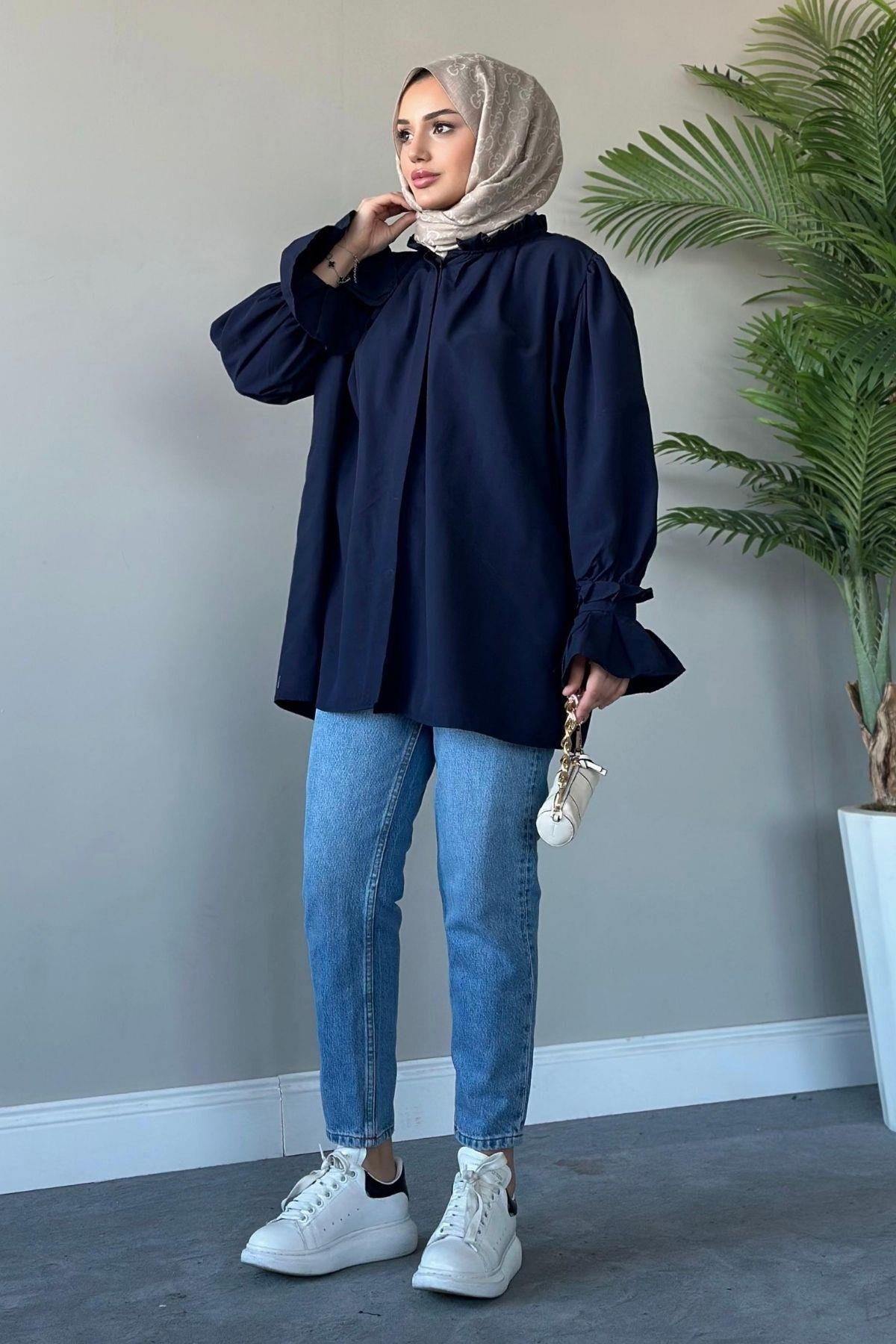 Fırfırlı Poplin Gömlek Lacivert, Fiyatları 