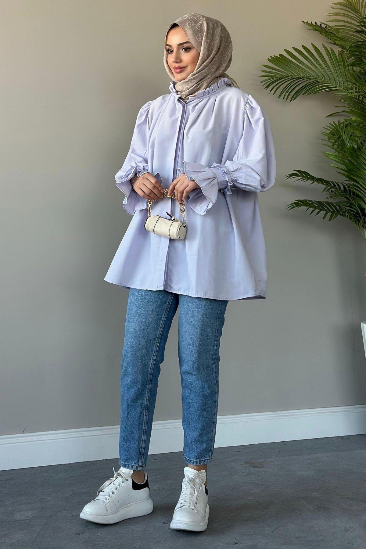 Fırfırlı Poplin Gömlek Lila, Fiyatları 