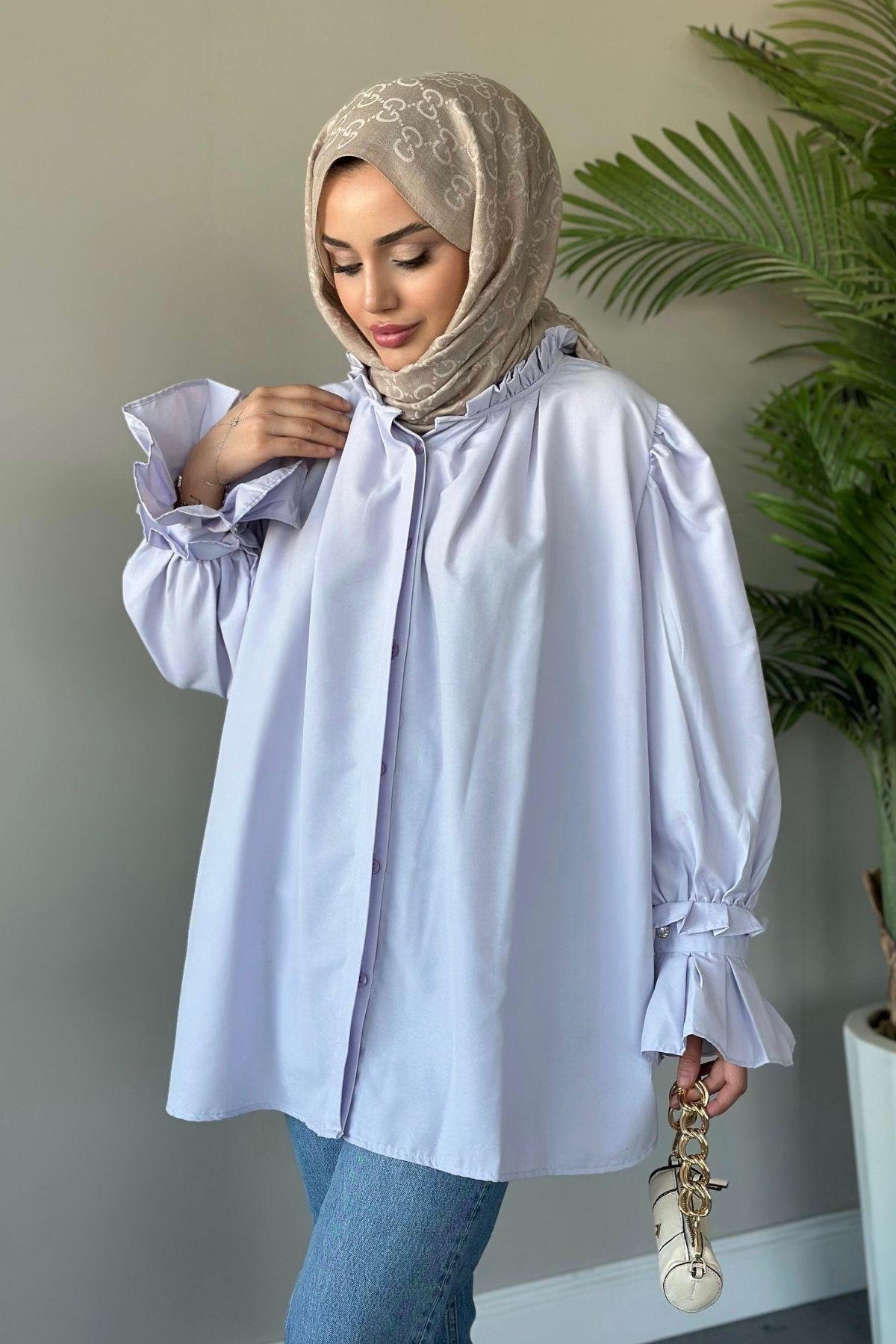 Fırfırlı Poplin Gömlek Lila, Fiyatları 