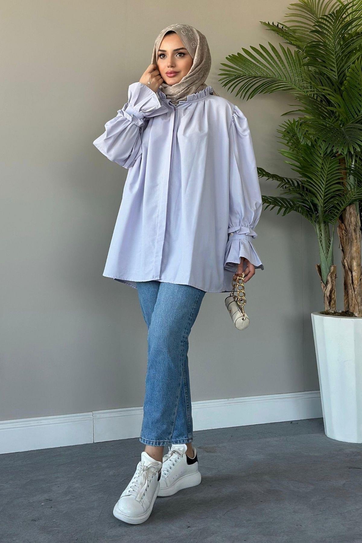 Fırfırlı Poplin Gömlek Lila, Fiyatları 