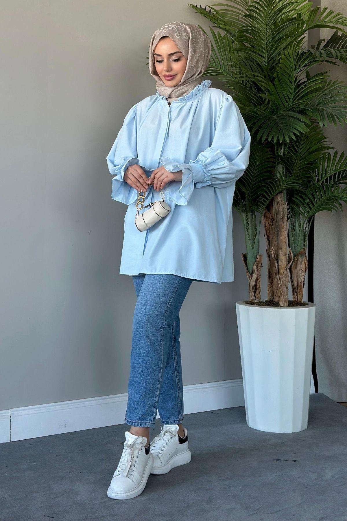 Fırfırlı Poplin Gömlek Mavi, Fiyatları 