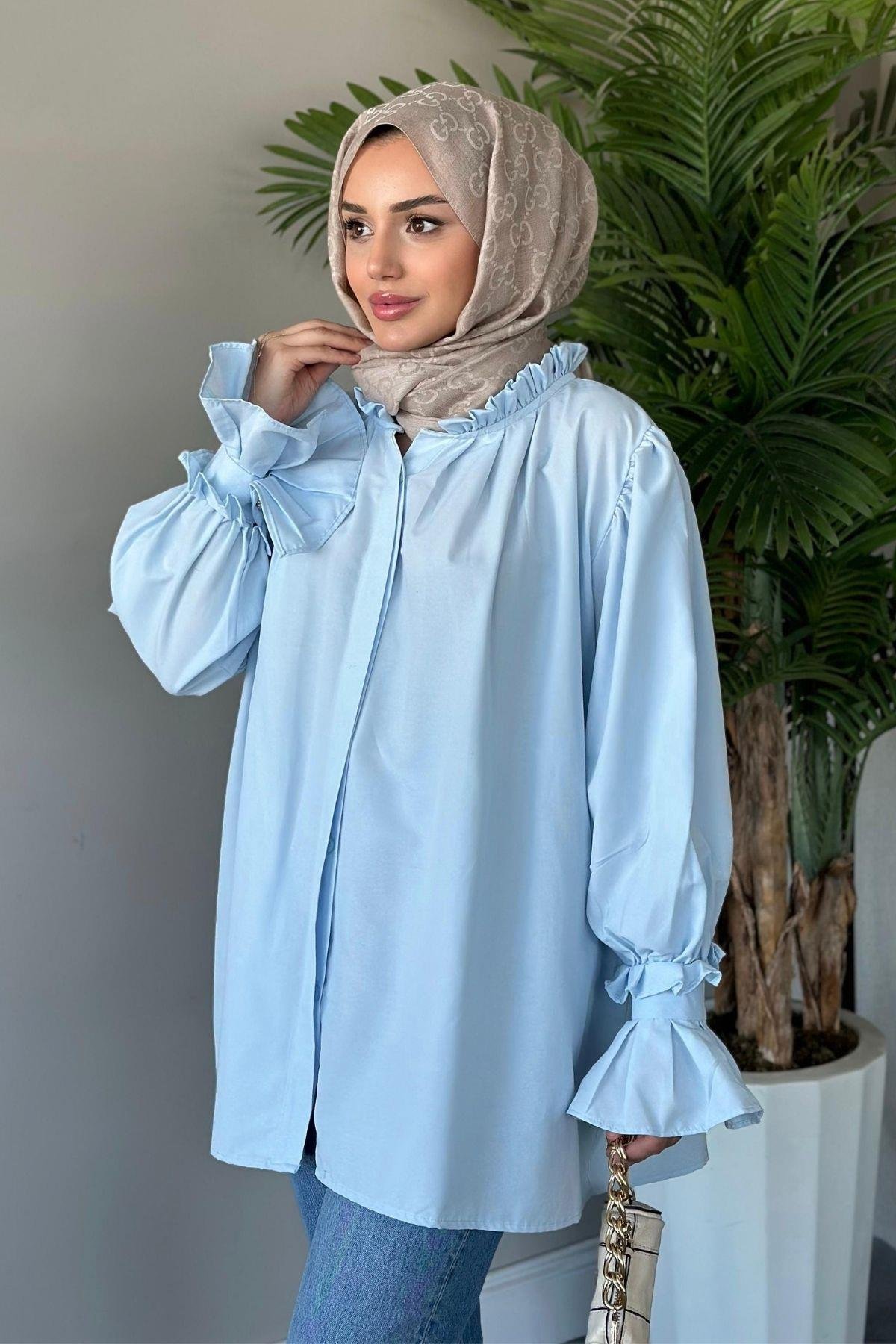 Fırfırlı Poplin Gömlek Mavi, Fiyatları 