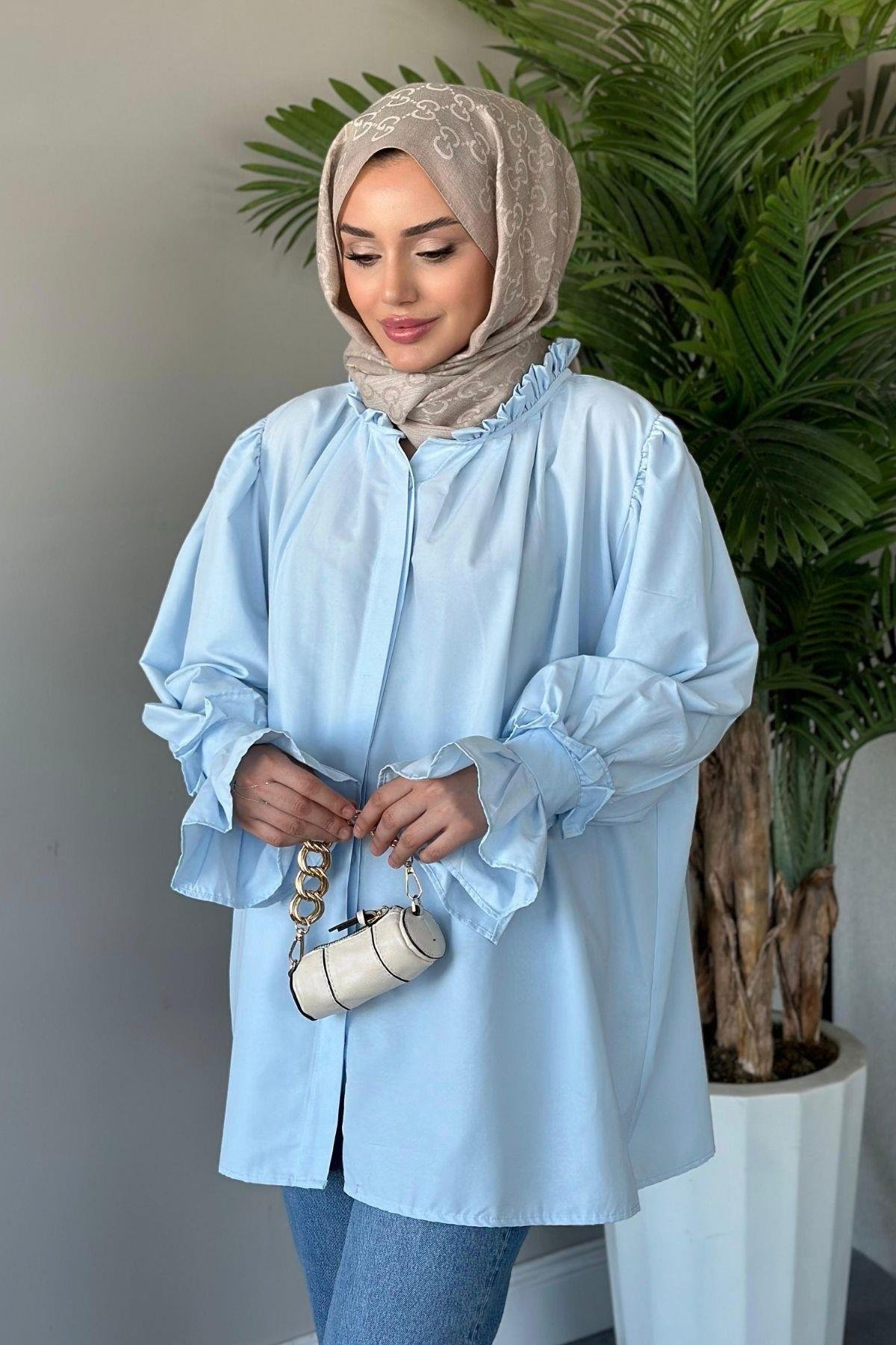 Fırfırlı Poplin Gömlek Mavi, Fiyatları 