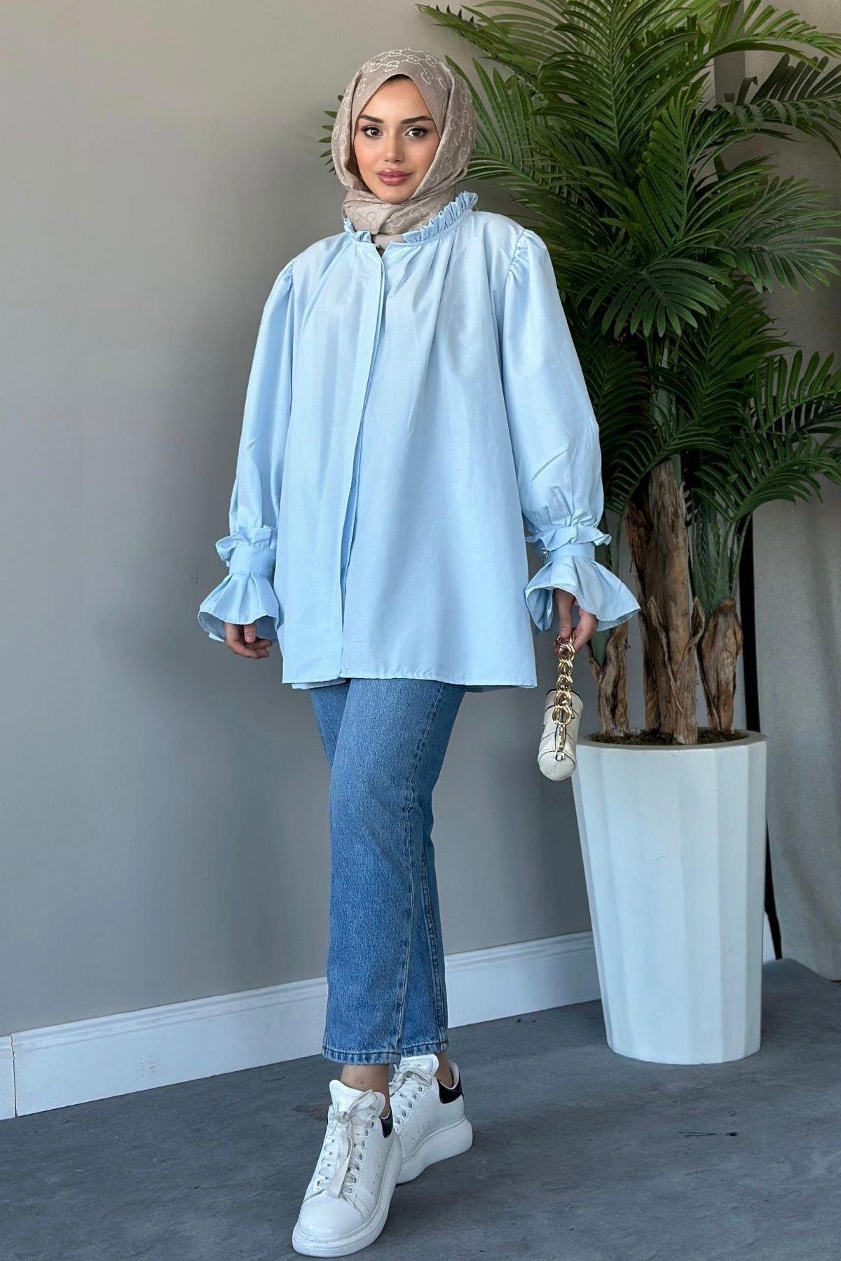 Fırfırlı Poplin Gömlek Mavi, Fiyatları 