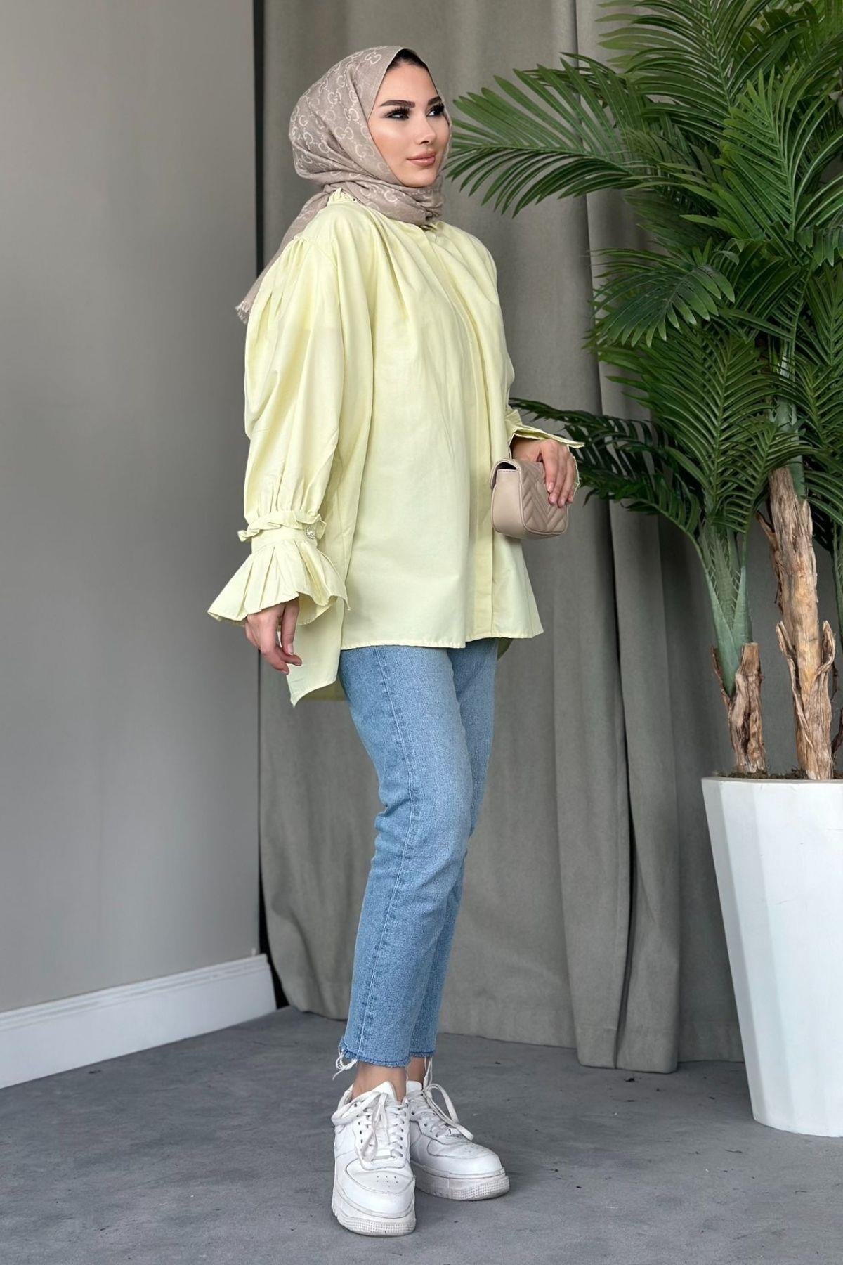 Fırfırlı Poplin Gömlek Sarı, Fiyatları 