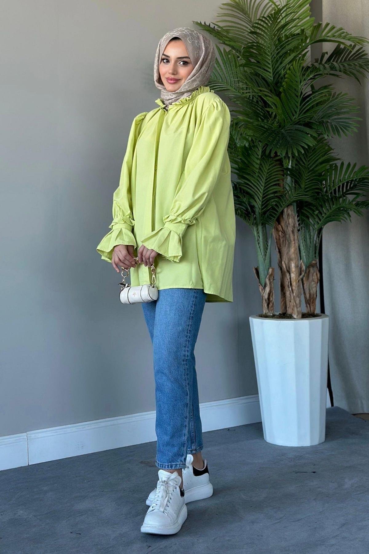 Fırfırlı Poplin Gömlek Yağyeşili, Fiyatları 