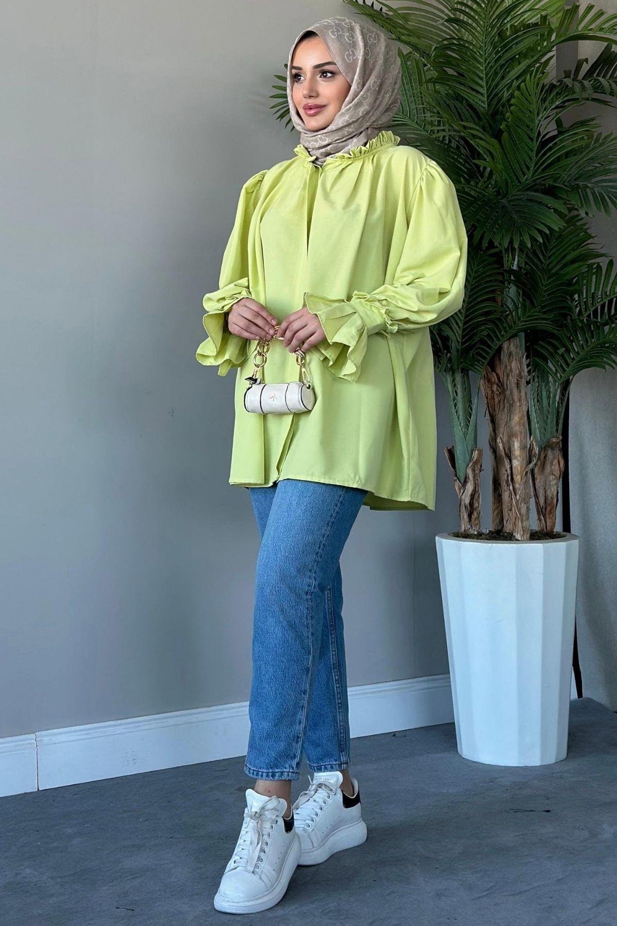 Fırfırlı Poplin Gömlek Yağyeşili, Fiyatları 