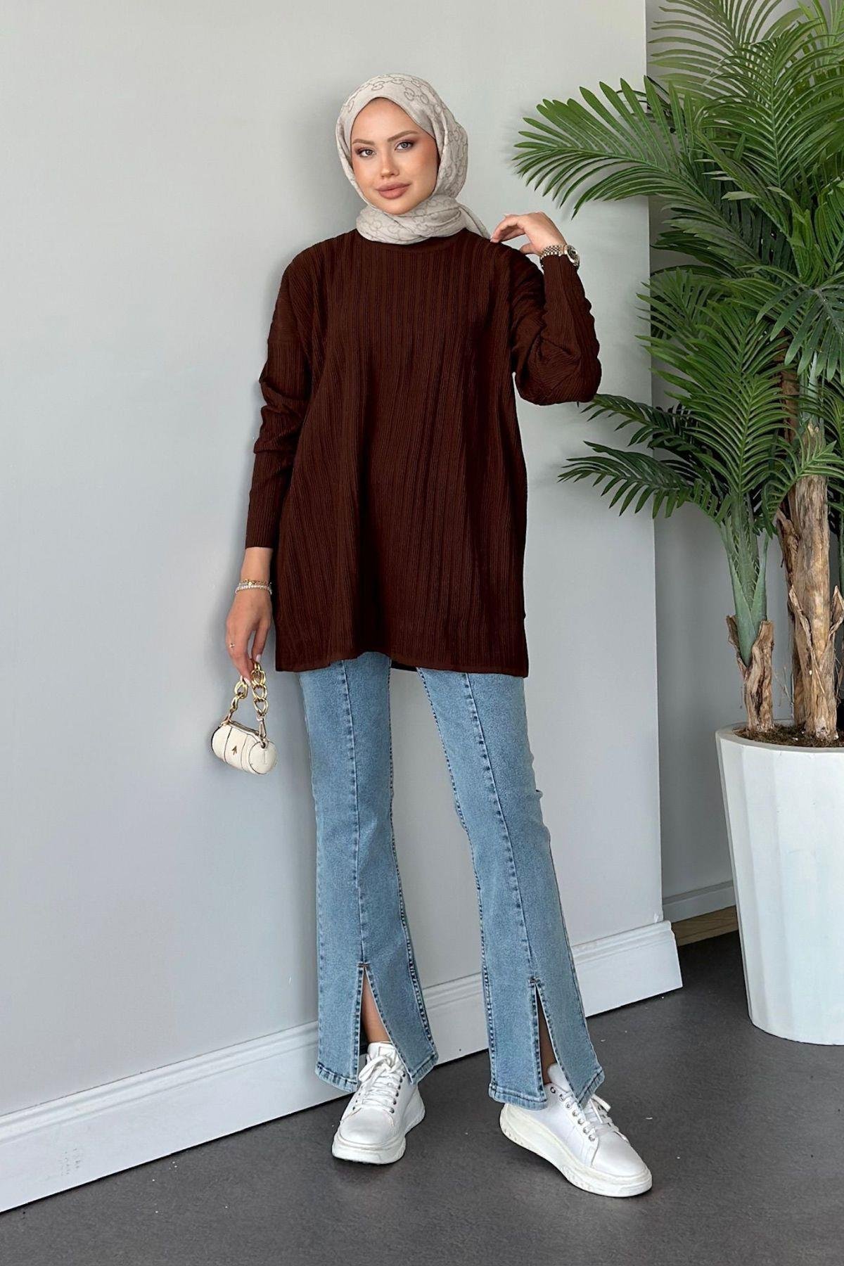 Fitilli Çizgili Triko Tunik Acıkahve, Fiyatları 