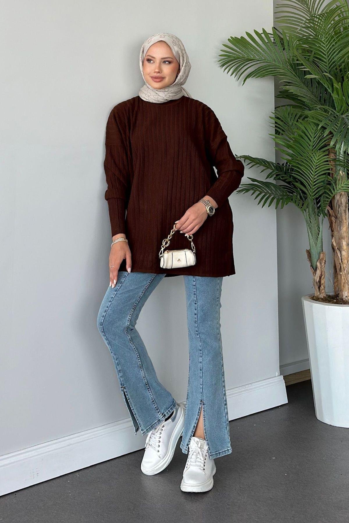 Fitilli Çizgili Triko Tunik Acıkahve, Fiyatları 