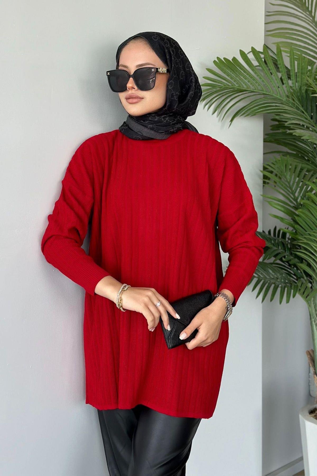 Fitilli Çizgili Triko Tunik Bordo, Fiyatları 