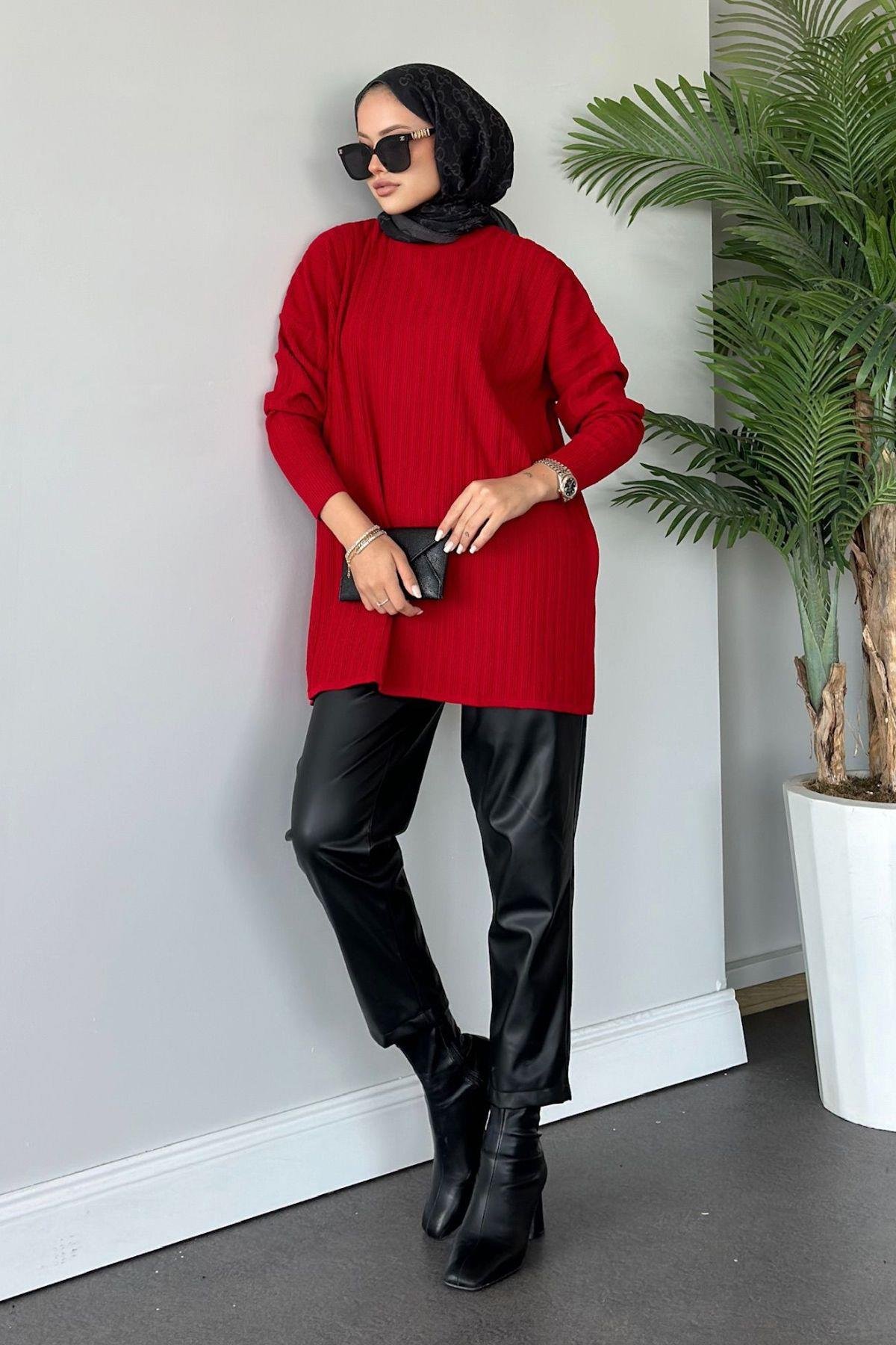 Fitilli Çizgili Triko Tunik Bordo, Fiyatları 