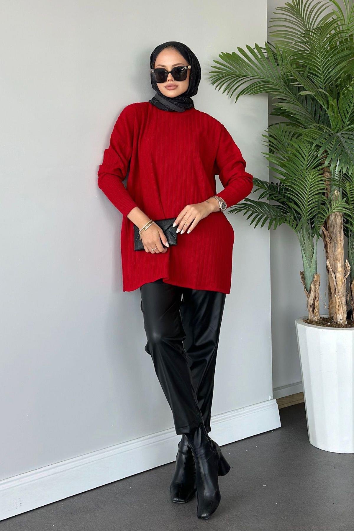 Fitilli Çizgili Triko Tunik Bordo, Fiyatları 