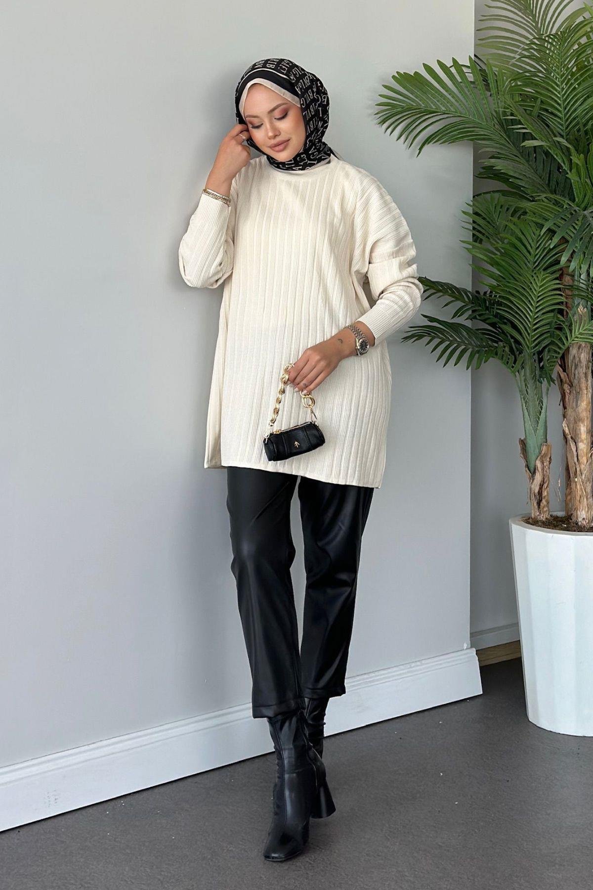 Fitilli Çizgili Triko Tunik Ekru, Fiyatları 