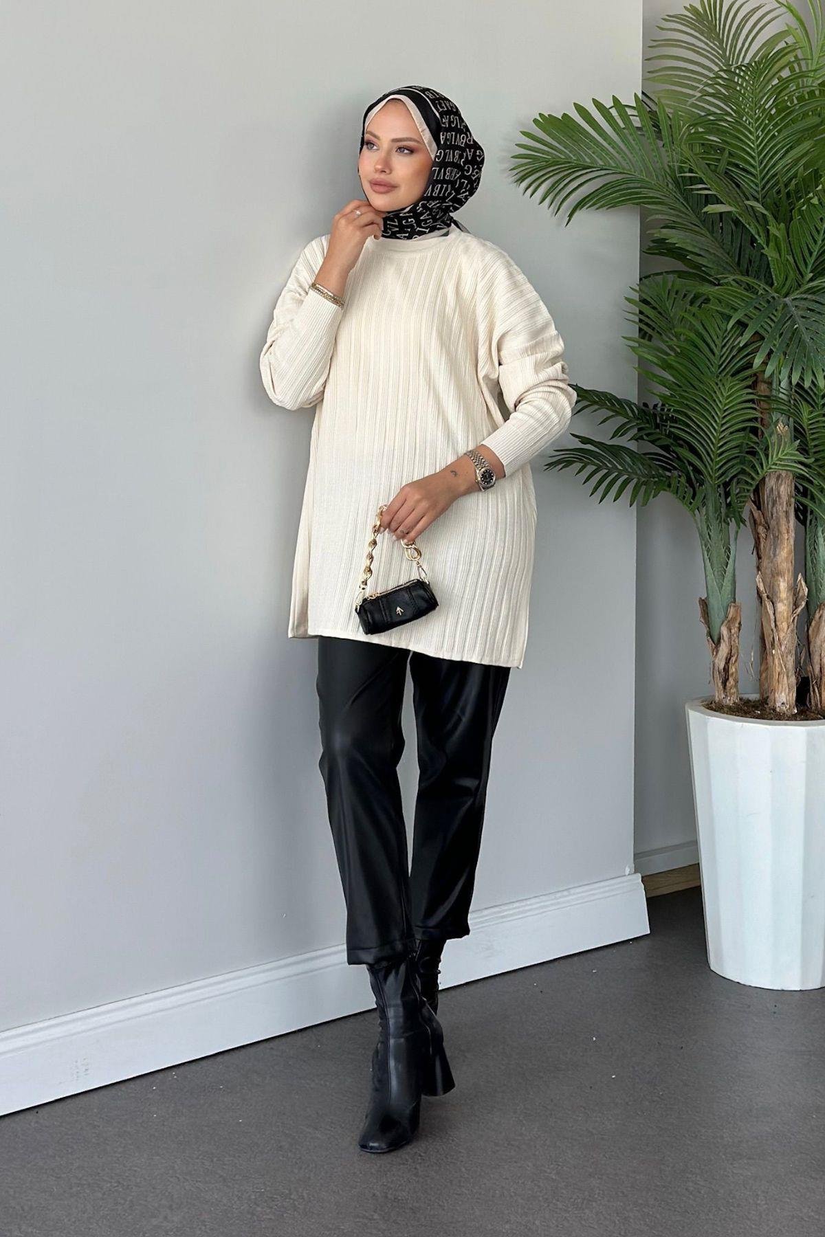 Fitilli Çizgili Triko Tunik Ekru, Fiyatları 