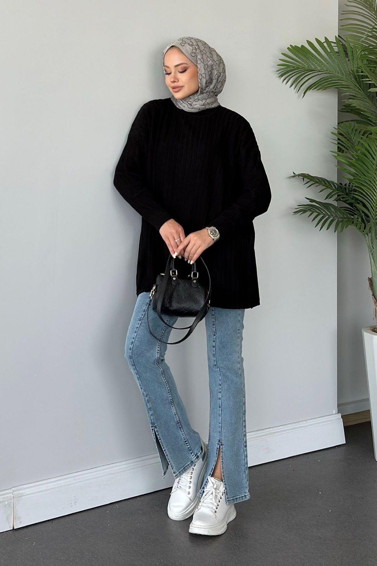 Fitilli Çizgili Triko Tunik Siyah, Fiyatları 