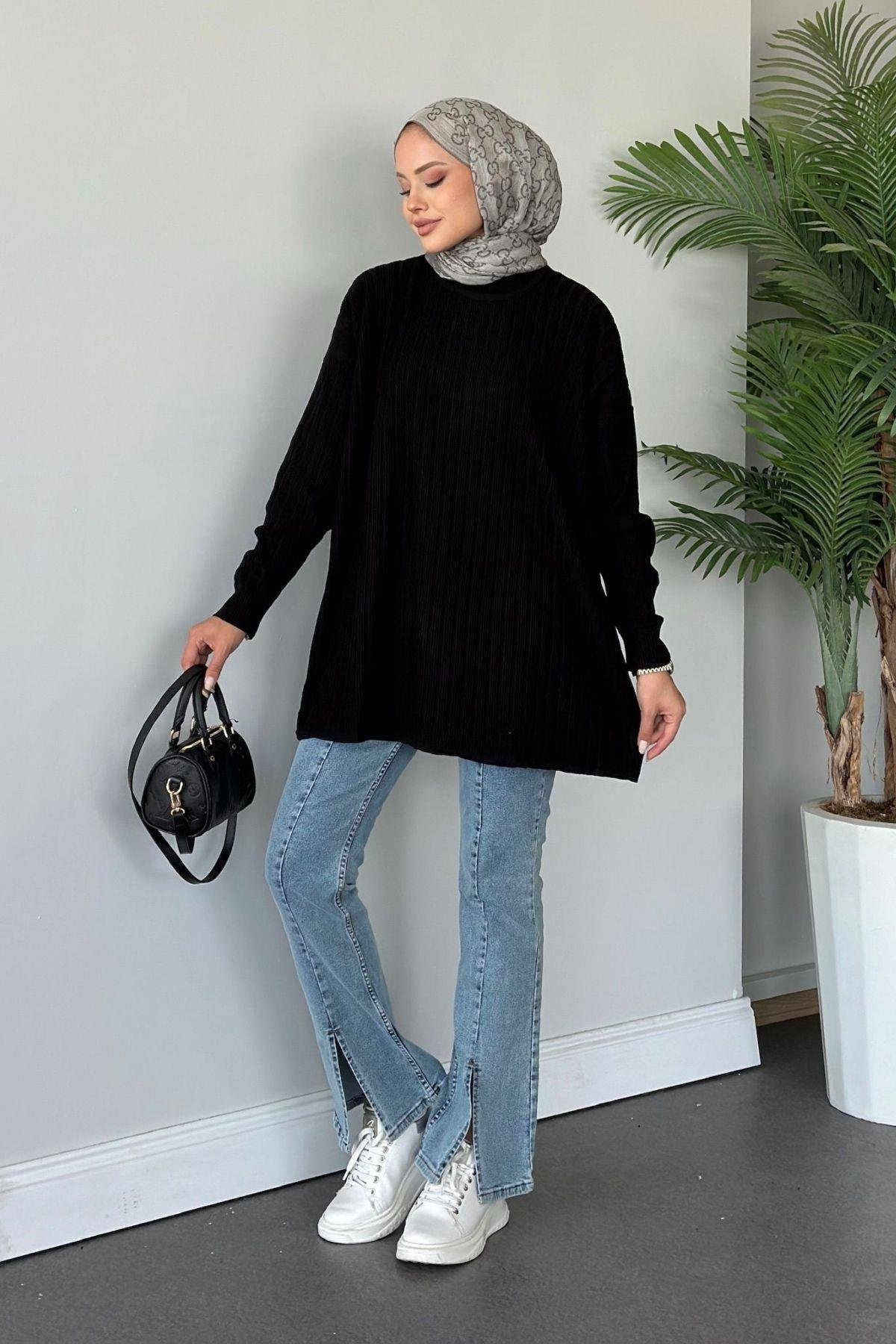 Fitilli Çizgili Triko Tunik Siyah, Fiyatları 