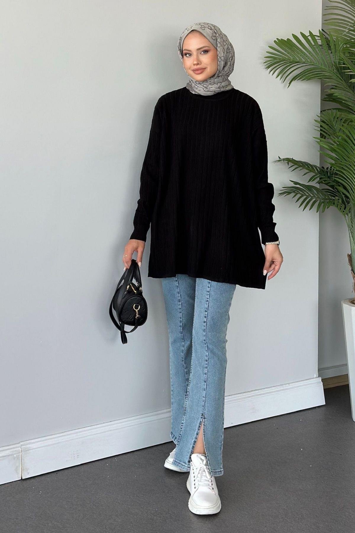 Fitilli Çizgili Triko Tunik Siyah, Fiyatları 