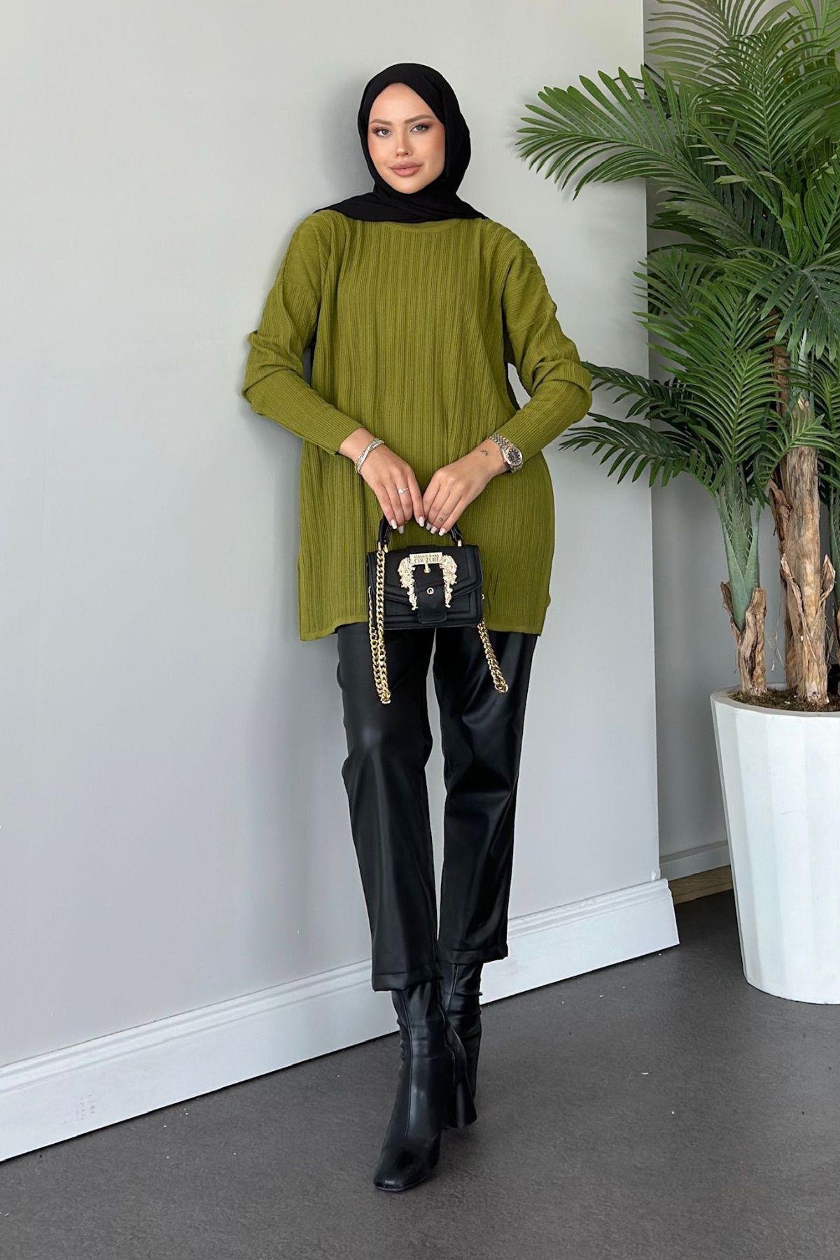 Fitilli Çizgili Triko Tunik Yağyeşili, Fiyatları 