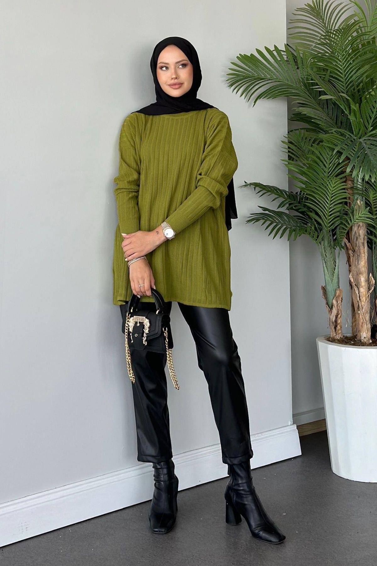 Fitilli Çizgili Triko Tunik Yağyeşili, Fiyatları 