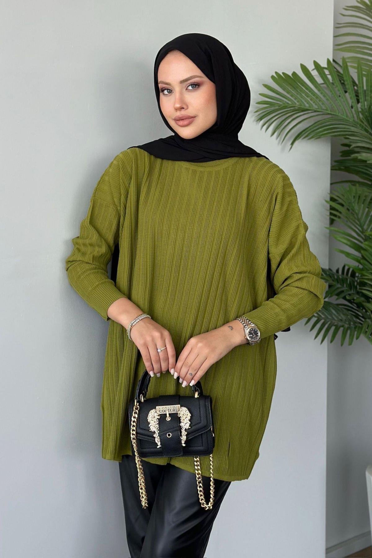 Fitilli Çizgili Triko Tunik Yağyeşili, Fiyatları 