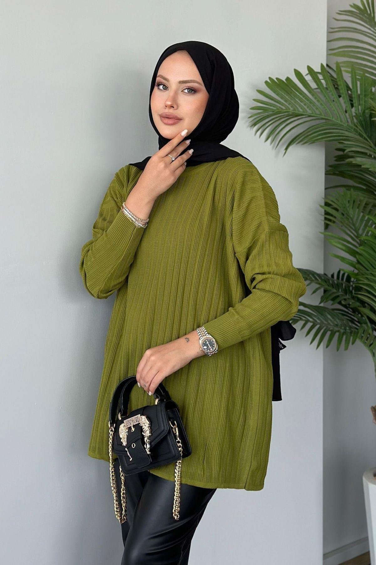 Fitilli Çizgili Triko Tunik Yağyeşili, Fiyatları 