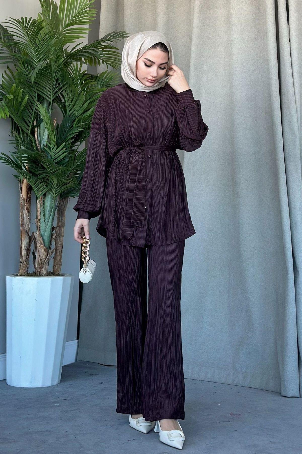 Fitilli Düğmeli Takım Kahve, Fiyatları Haza Moda | Tesettür Giyim | Fitilli Düğmeli Takım Kahve