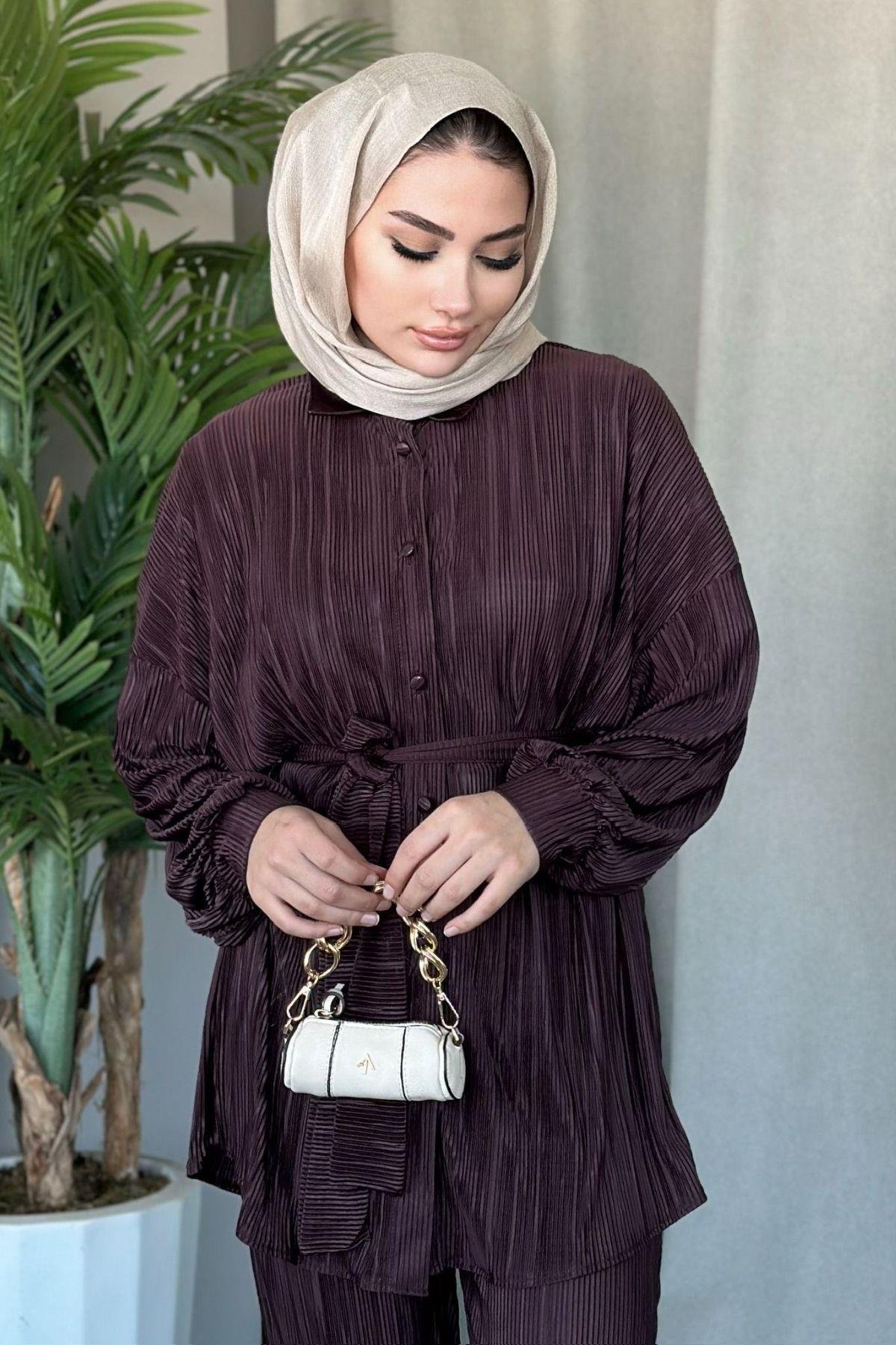Fitilli Düğmeli Takım Kahve, Fiyatları Haza Moda | Tesettür Giyim | Fitilli Düğmeli Takım Kahve