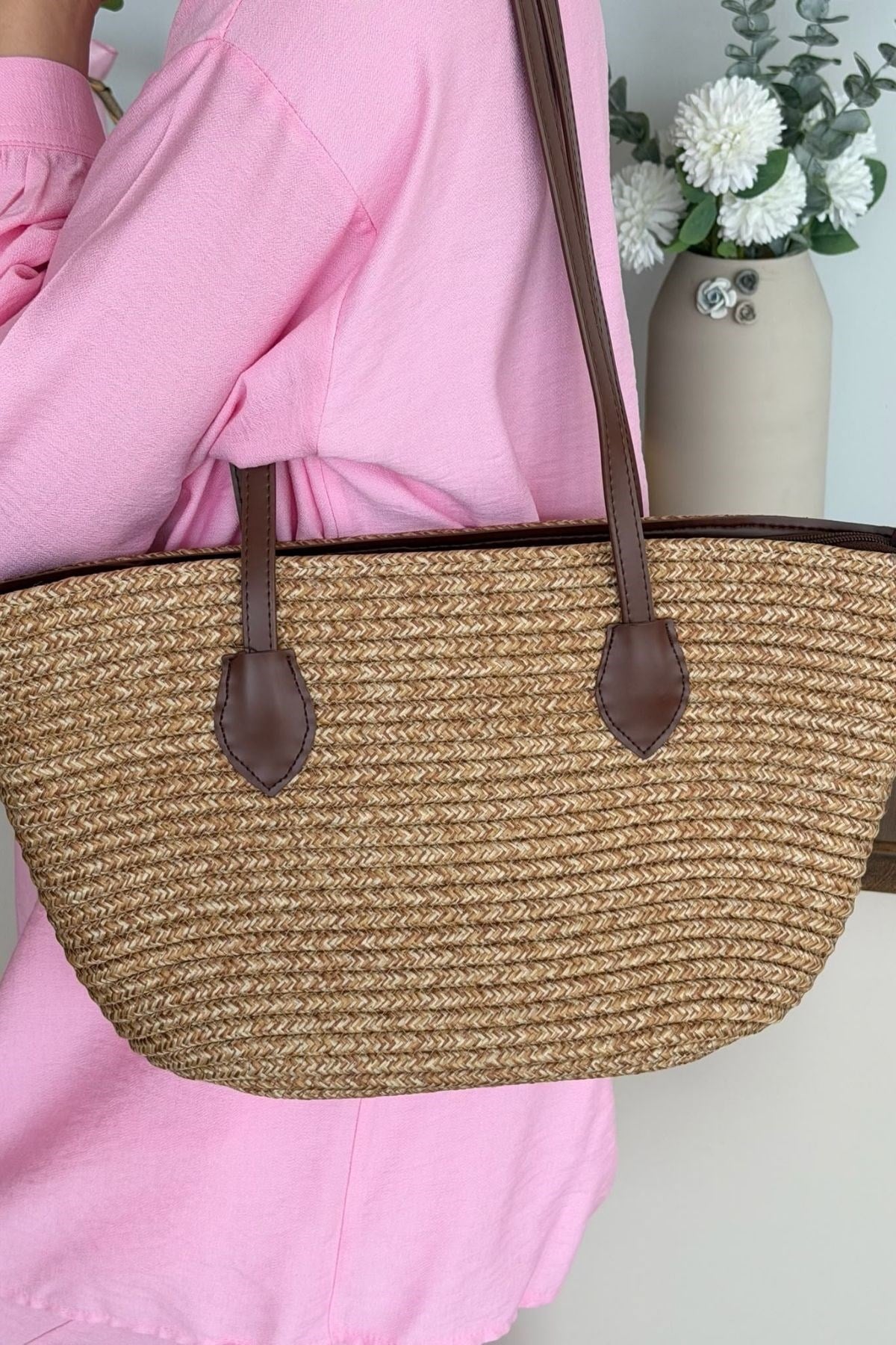 Gabri Hasır Çanta Camel, Fiyatları Duffy Kapaklı Hasır Çanta | Haza Moda
